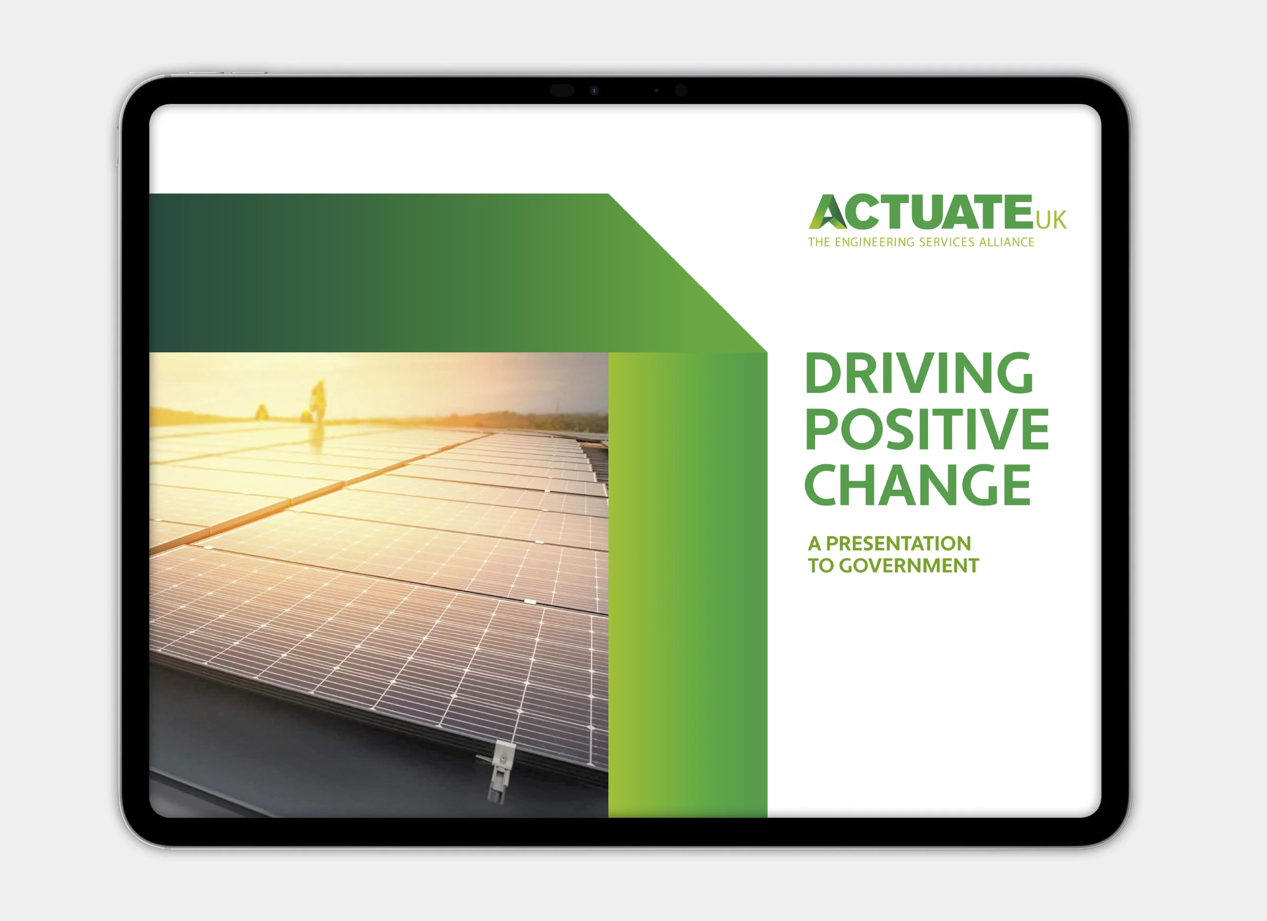 Ipad mockup of digital report hero page, using Actuate folded branded square icon as a framing device.