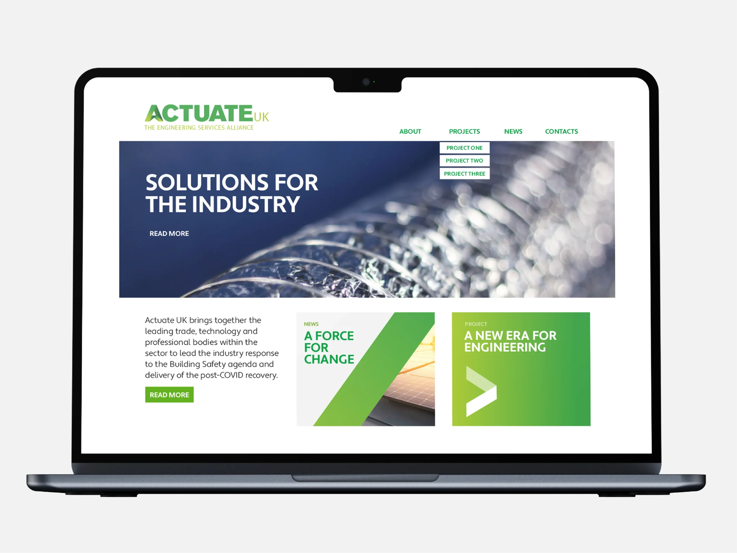 Actuate branded website landing page, with header and news stories.