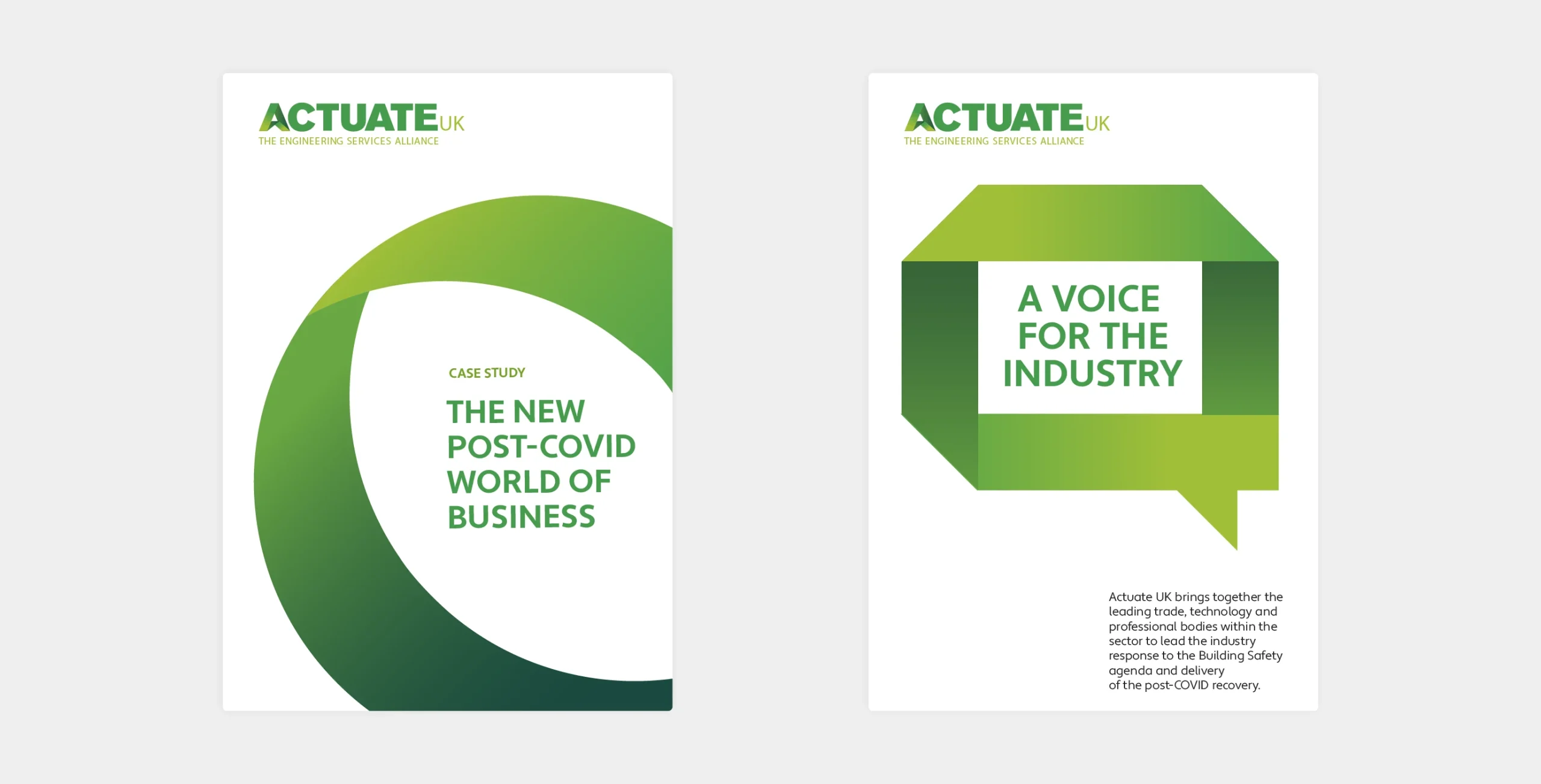 Two Actuate flyer covers, using folded branded icons as large graphic framing devices.