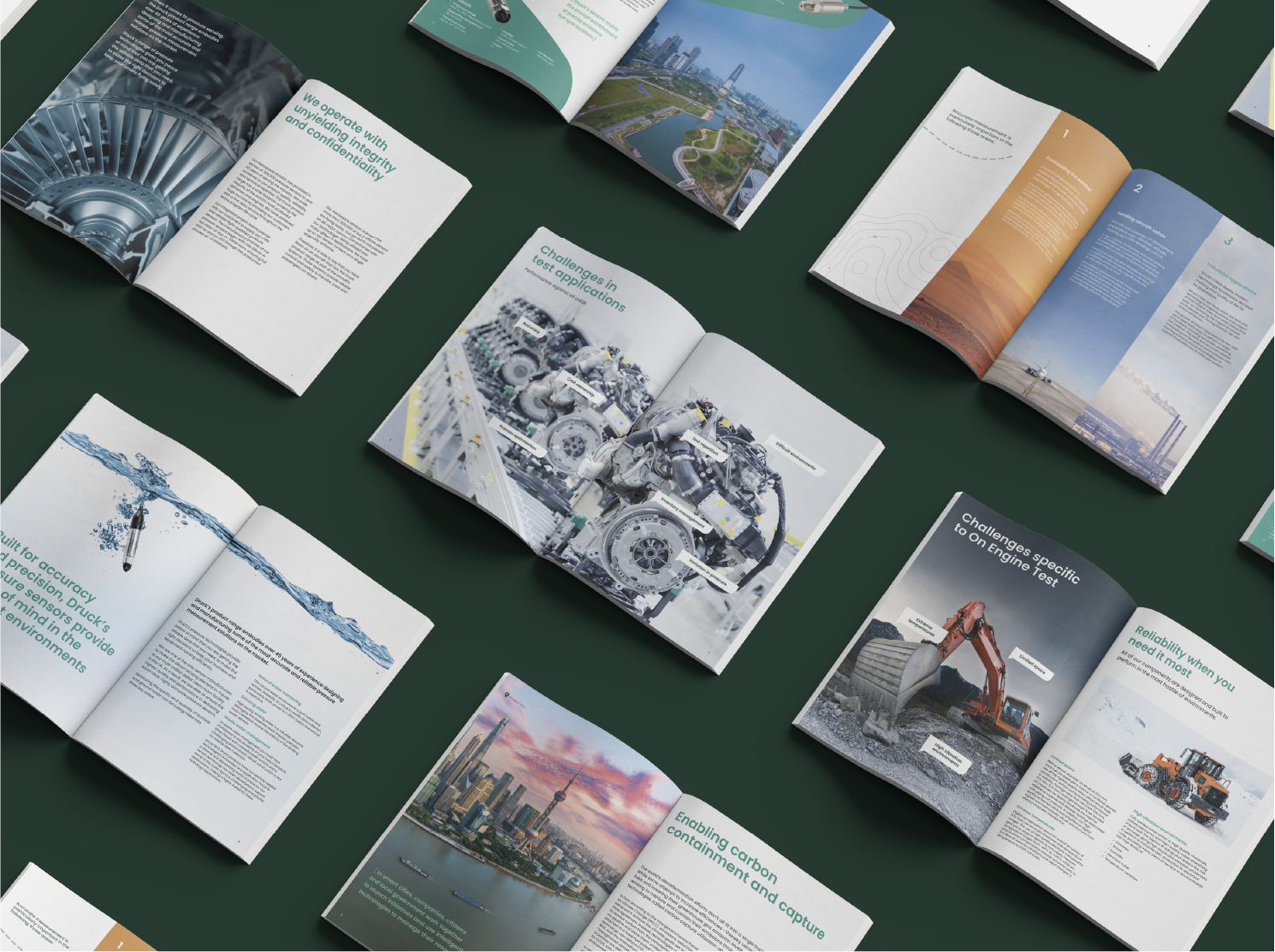Double page spread designs for Druck product printed literature