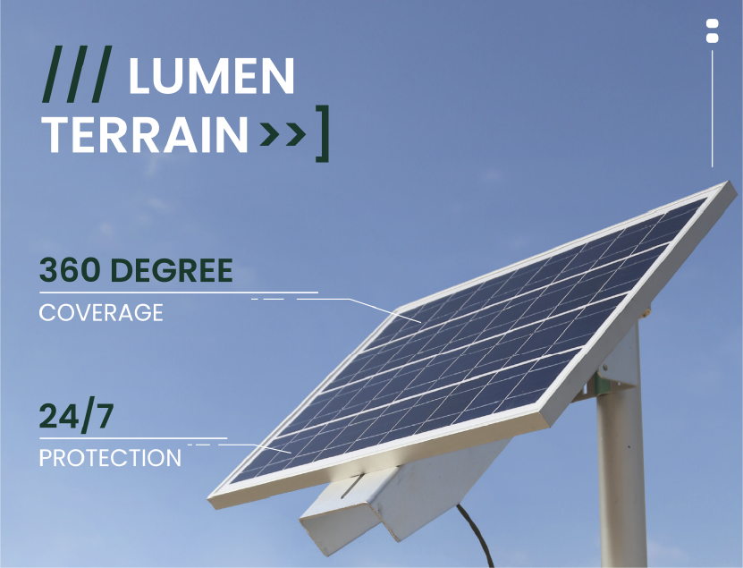 Digital graphic demonstrating the Lumen Terrain solar panel's specifications.