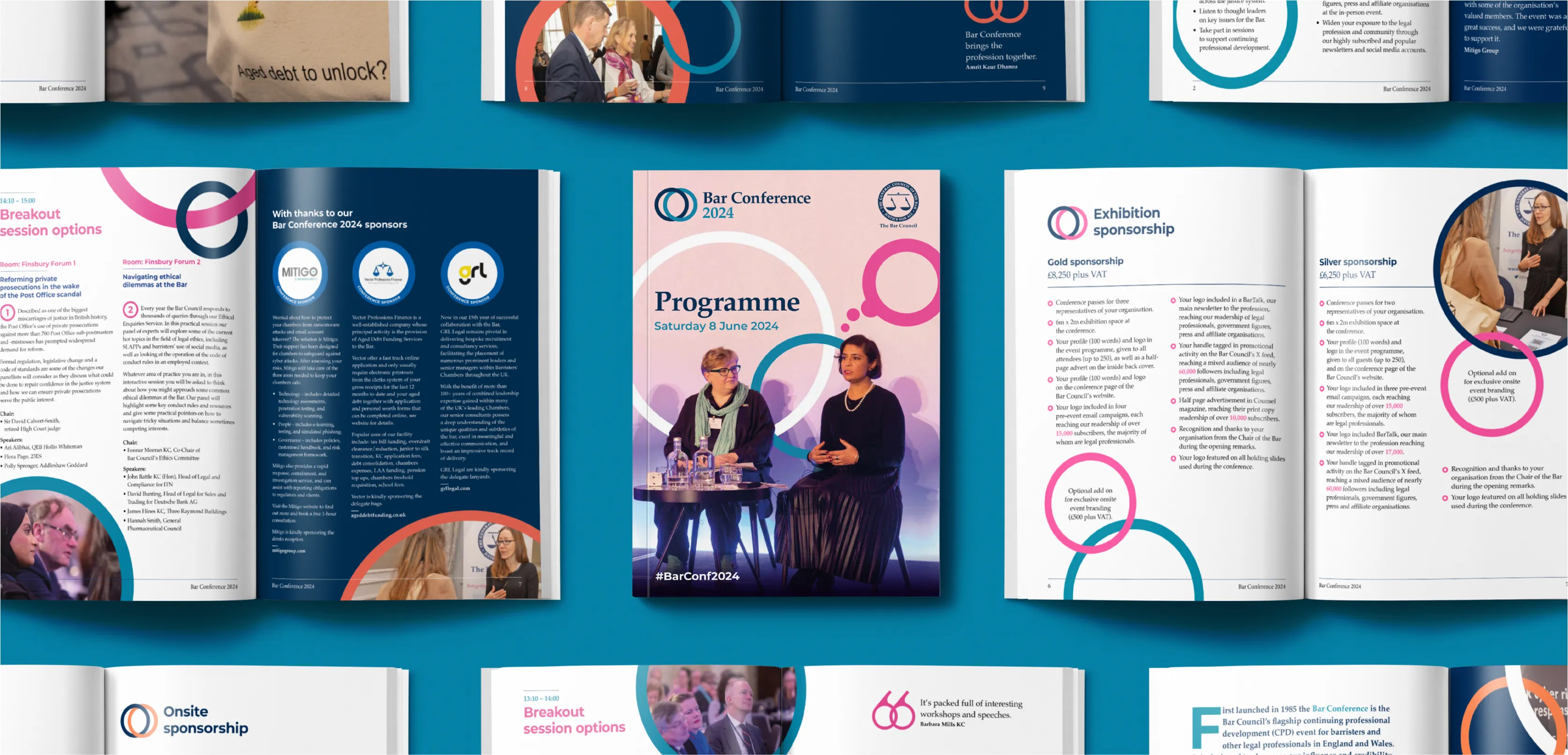 Examples of the front cover design and inner pages from the 2024 conference programme.