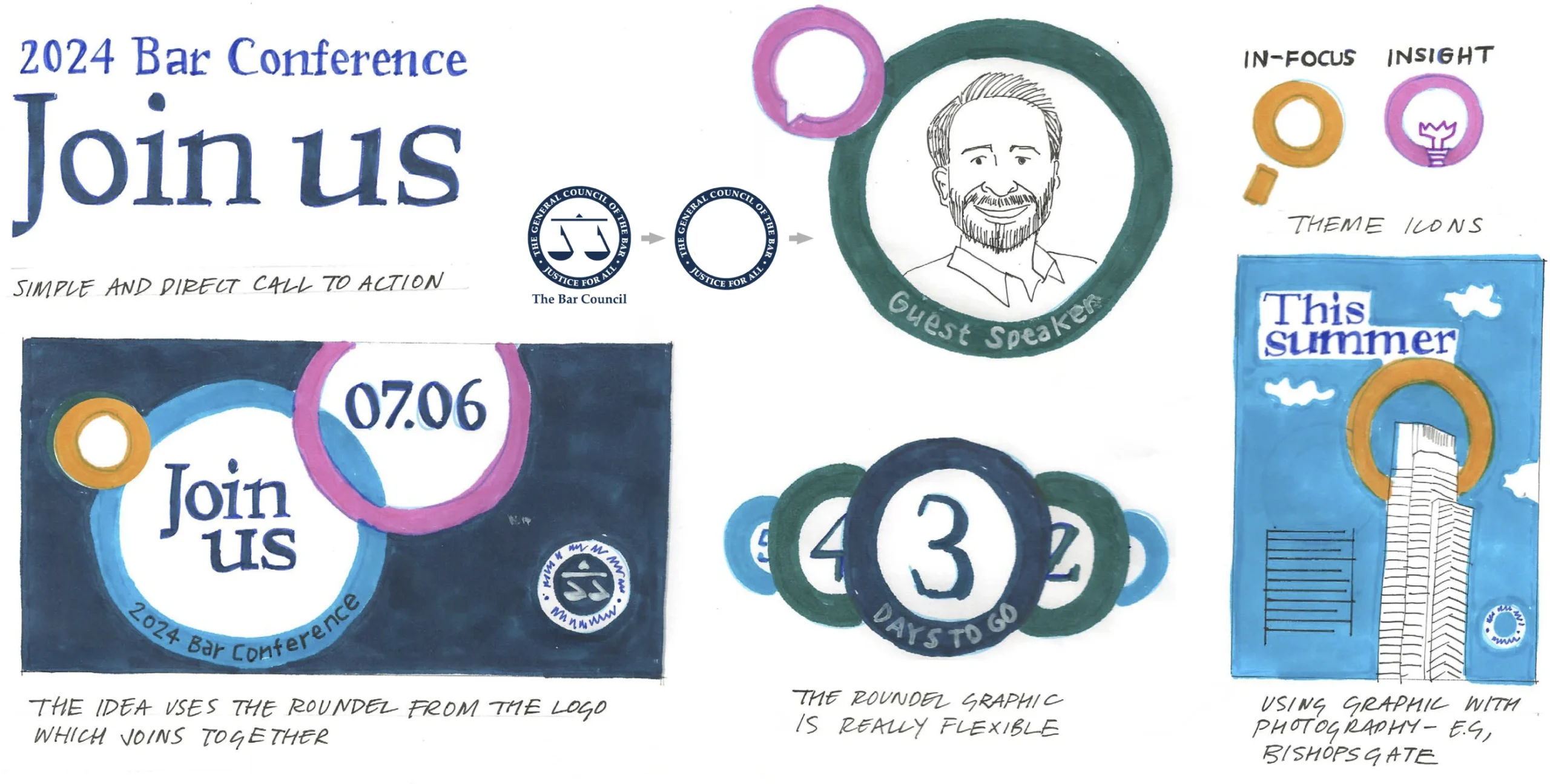 Bar conference 2024 event design, early scamps in the design process, showing how the bar council roundel can flex to be used as a framing device, and for iconography.