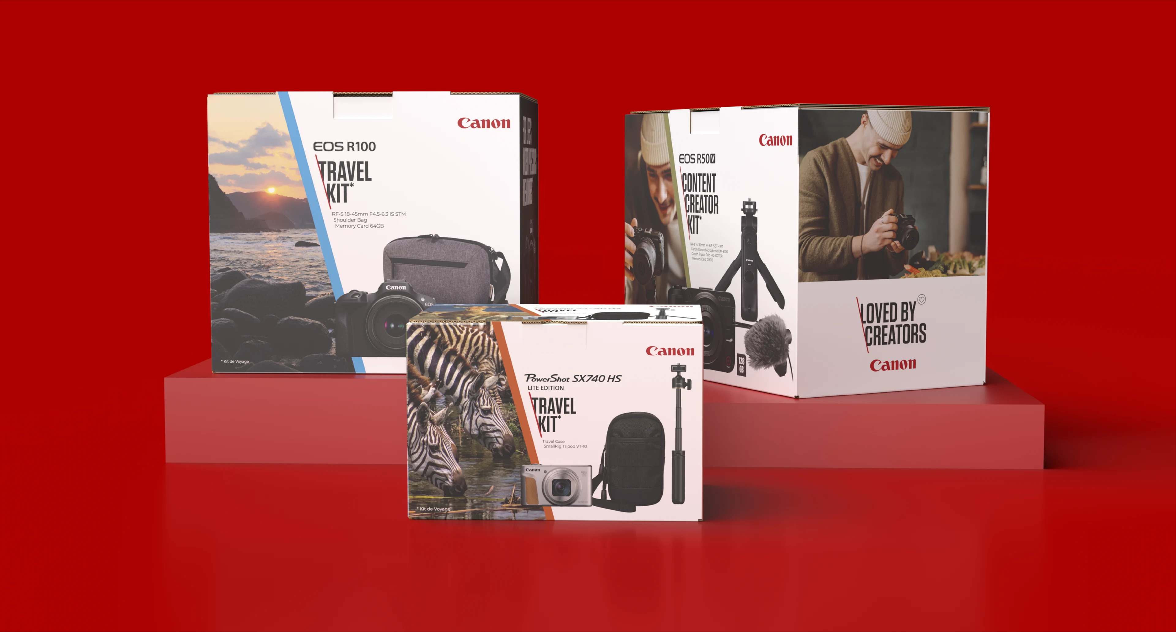 Three Canon camera bundle system packaging designs.