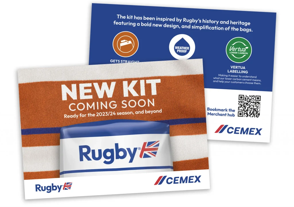 Digital advertisement pages for cemex's 'New Kit', with a page explaining how the new designs link to Rugby's heritage and history.