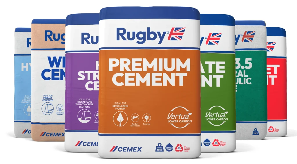 Digital packaging renders showing the range of Cemex cement options.