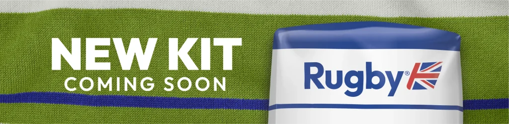 'New Kit Coming Soon'. Graphic showing fabric texture from rugby shirts used throughout the campaign.