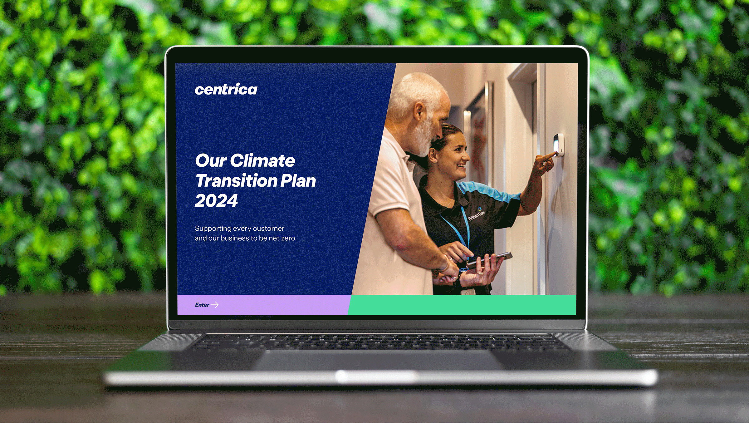 Digital Centrica report hero pages. Pages include: 'Our Climate Transition Plan 2024', 'Our People and Planet Report 2024', 'Our Health & Wellbeing Statement 2025', 'Our Modern Slavery Statement 2025', 'Our Gender & Ethnicity Statement Pay Statement 2025 UK'.