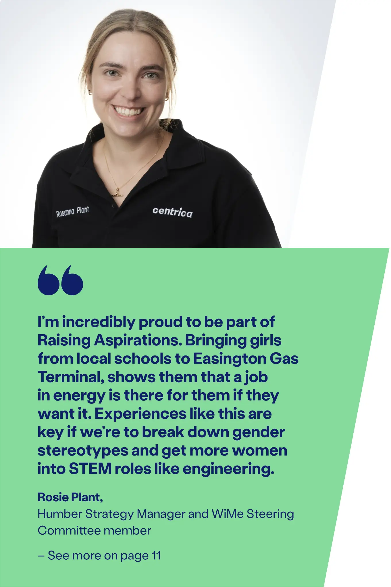 Photography of Centrica Employee, Rosie Plant, with a quote below about breaking down gender stereotypes.