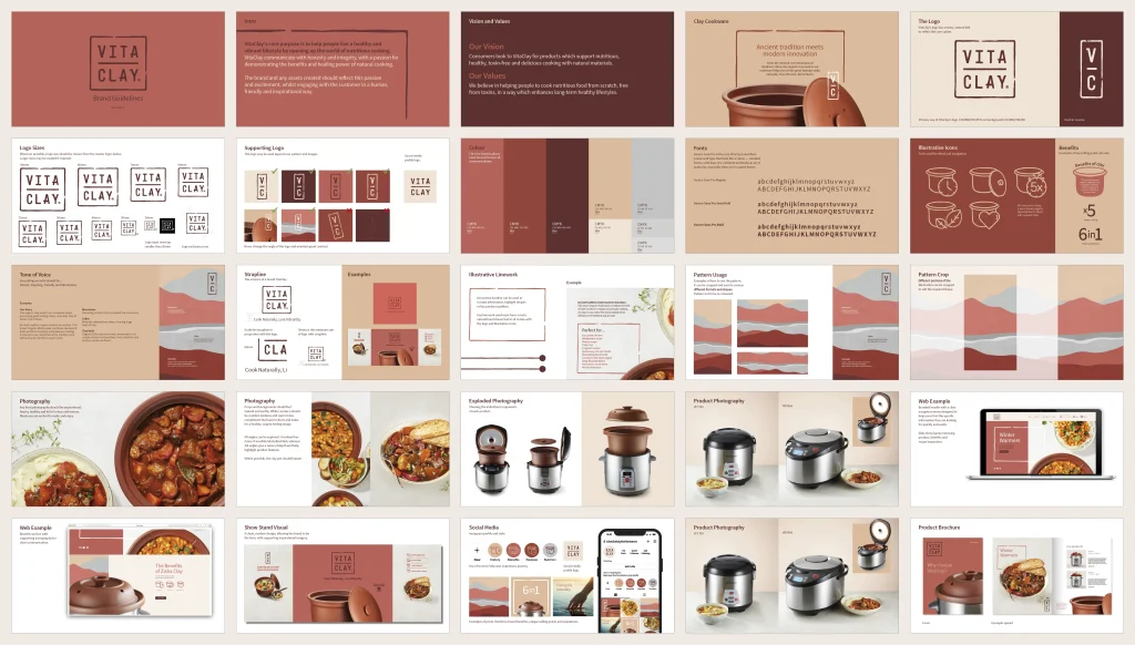 Full style guide designed detailing Vita clays vision and values along with how to use the brand assets, colour palettes, logos, fonts, icons, product photography and detail exploded photography.