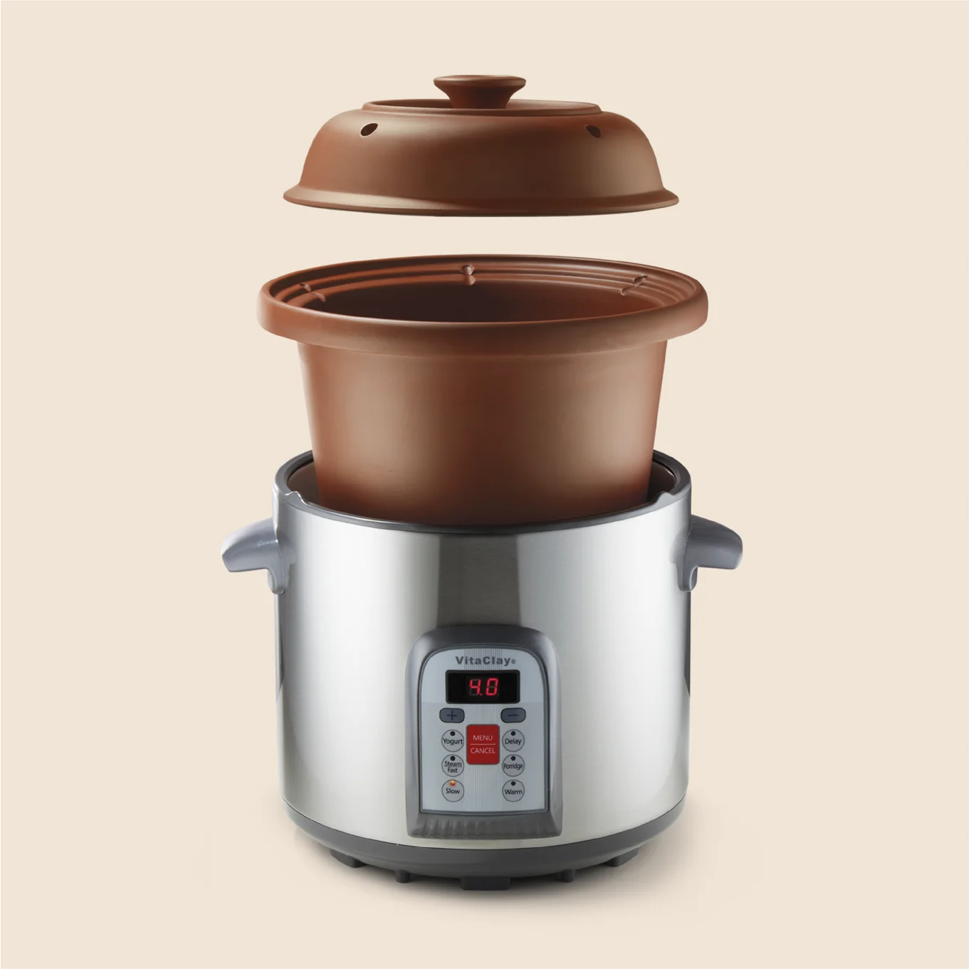 Product photography showing an exploded view of a Vita Clay slow cooker used on sales material and product packaging designs. 
