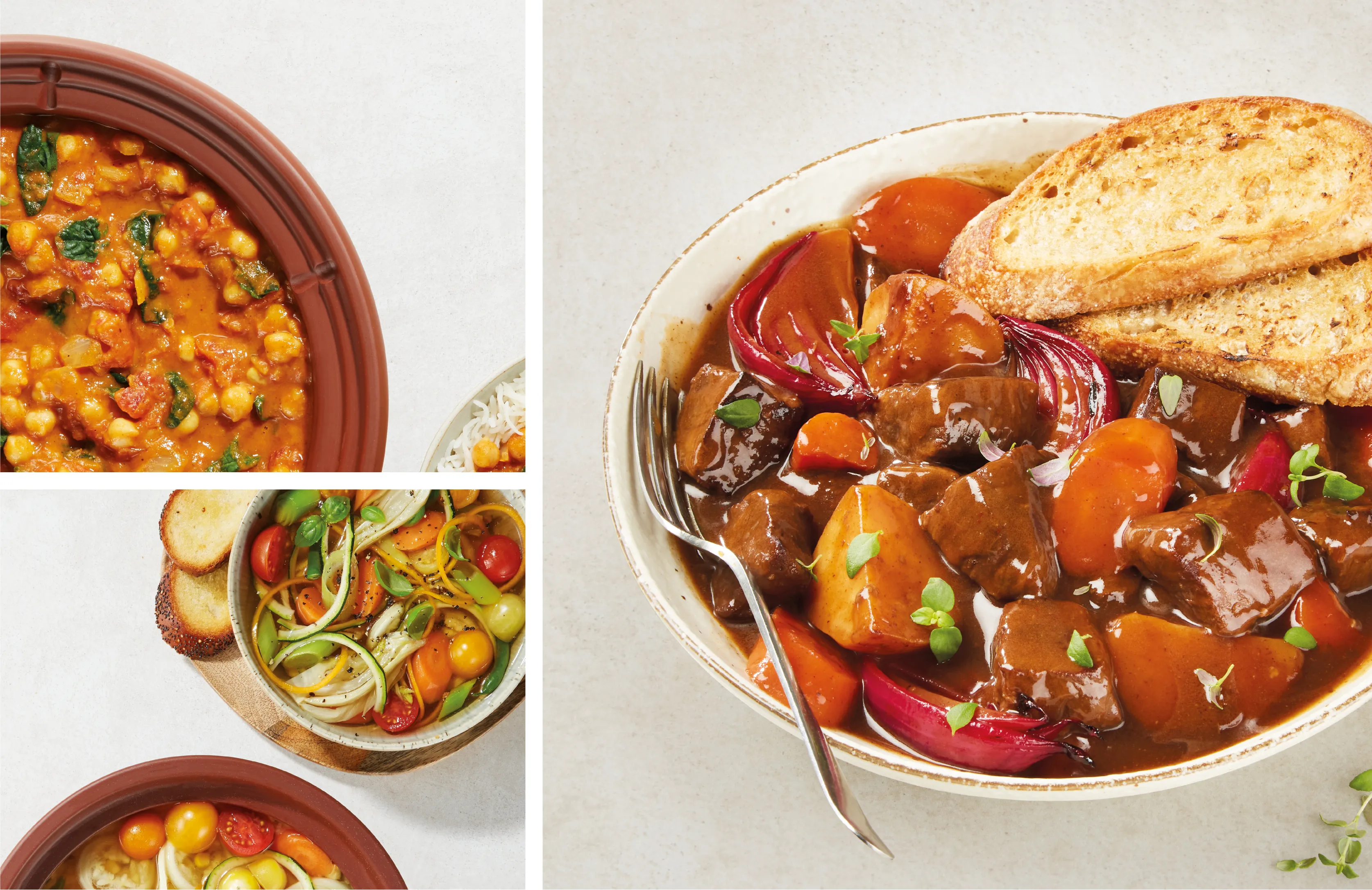 Montage of studio photography showing the product and cooking results using a Vita Clay slow cooker. 
Final Images used on various printed materials including exhibition graphics and packaging design.