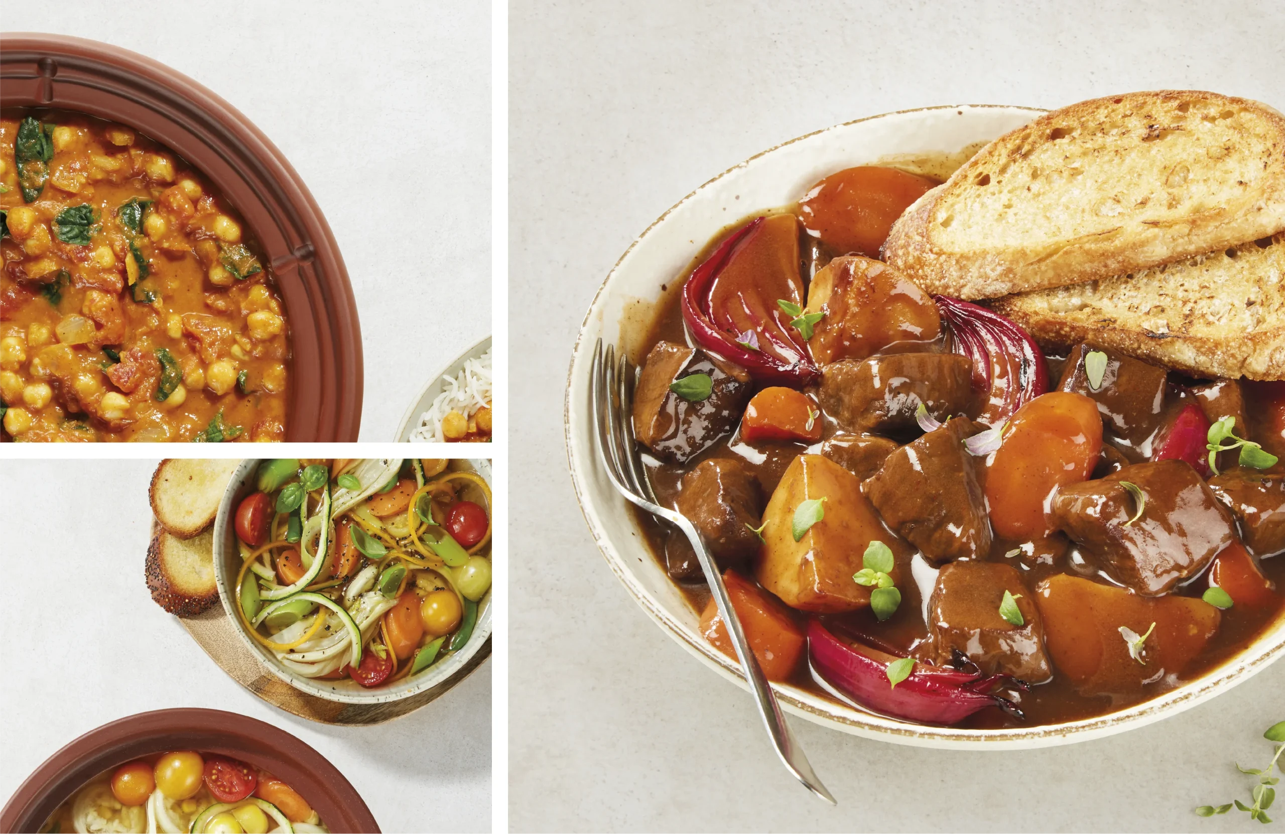 Montage of studio photography showing the product and cooking results using a Vita Clay slow cooker. 
Final Images used on various printed materials including exhibition graphics and packaging design.