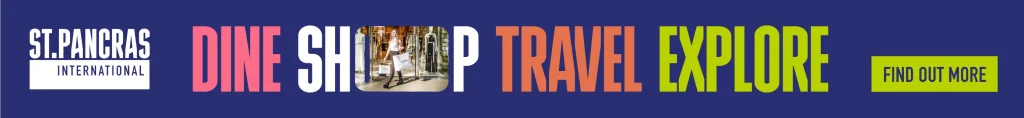 St Pancras "Dine, Shop, Travel and Explore" Web banner. The O in shop is elongated and used as a frame to show shopping imagery.