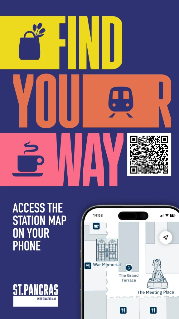 "Find your Way" Static poster for St Pancras Station, advertising the St Pancras Station Map for mobile. The F, R, and W are elongated horizontally to show a flower bag, train and coffee icon.