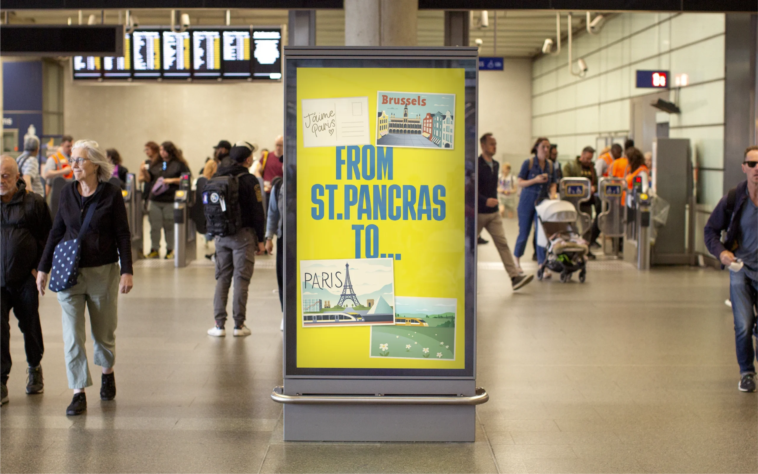 "From St Pancras To..." Freeze Frame poster. The poster has illustrated Postcards to showcase the range of cities that can be travelled to from St Pancras Station. Photographed in St Pancras Station on a digital interactive screen.