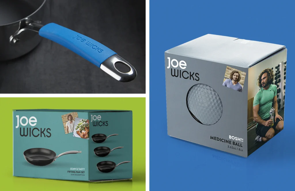 Image collage. Close up photography of a Joe Wicks branded sauce-pan. Joe Wicks "Lean & Tasty Frying Pan Set" packaging photography. Joe Wicks "Bosh!!! Medicine Ball" Packaging.