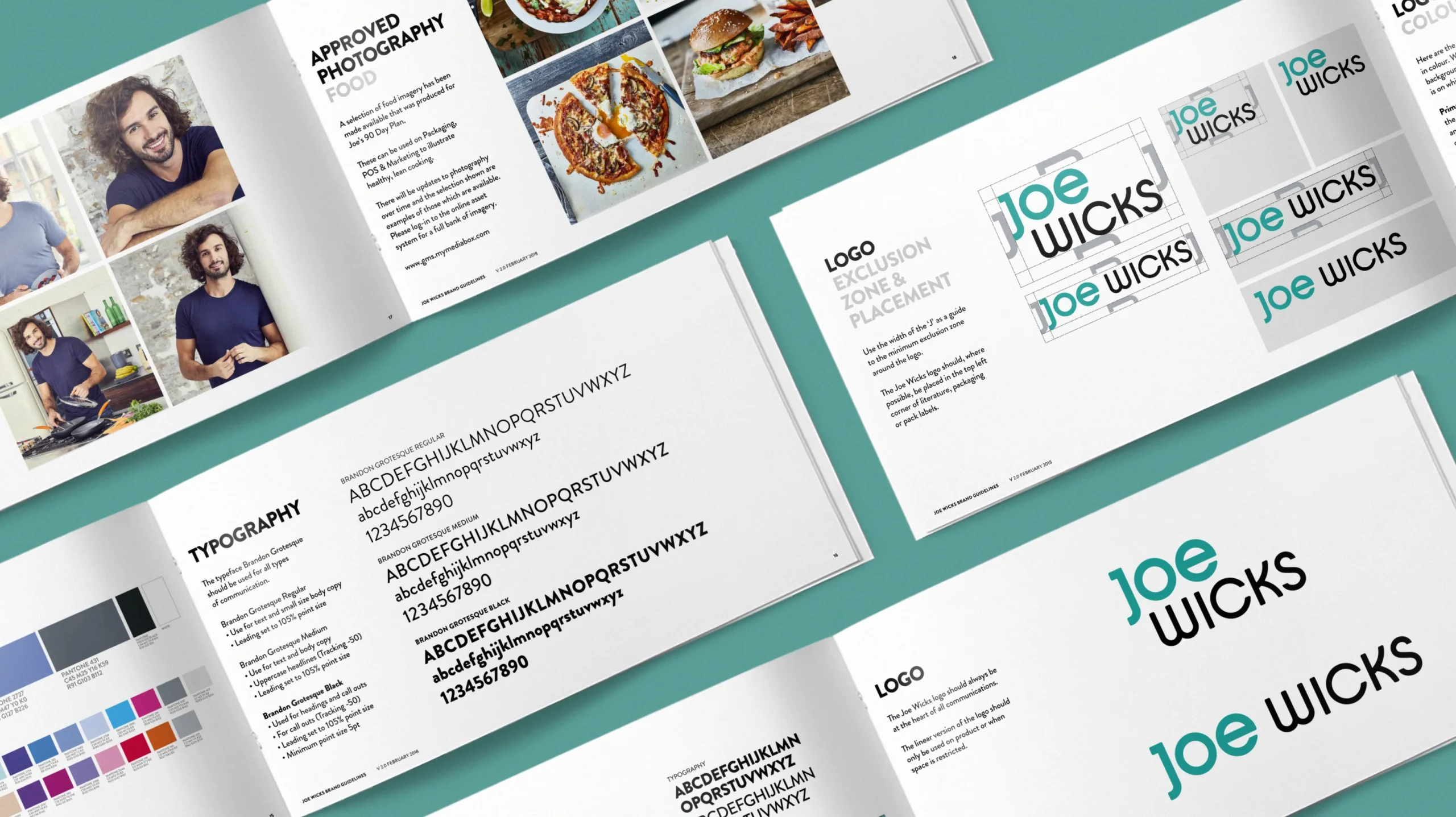 Full Joe Wicks branding style guide designed including logo placement, colour palette, fonts and typography, along with photography