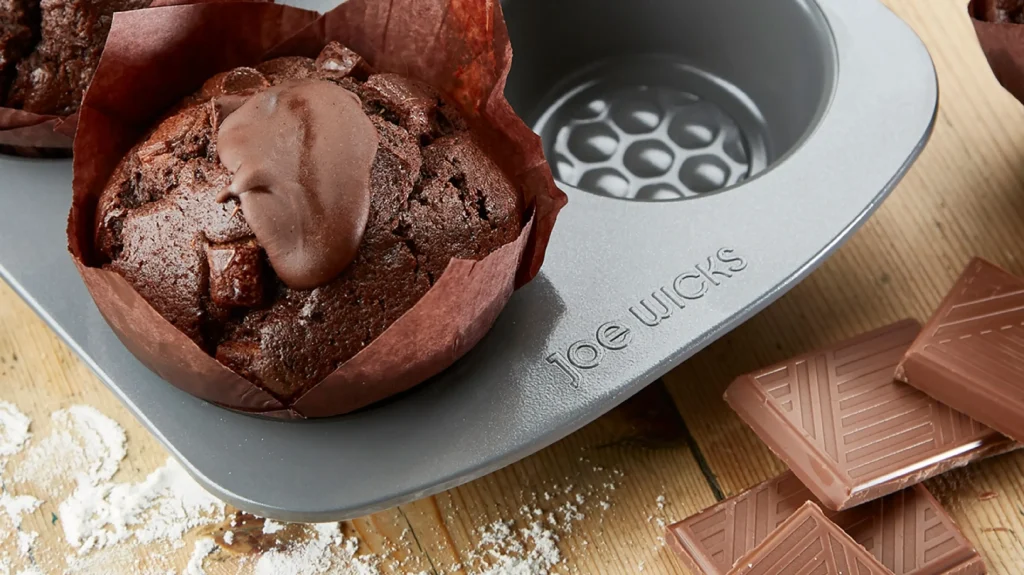 Close up photography of a muffin in a Joe Wicks branded muffin tray.