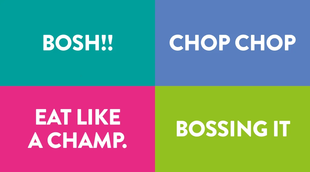 Graphic showing colours, typography and examples of Joe Wicks tone of voice. "Bosh", "Chop Chop", "Eat like a champ.", "Bossing it"