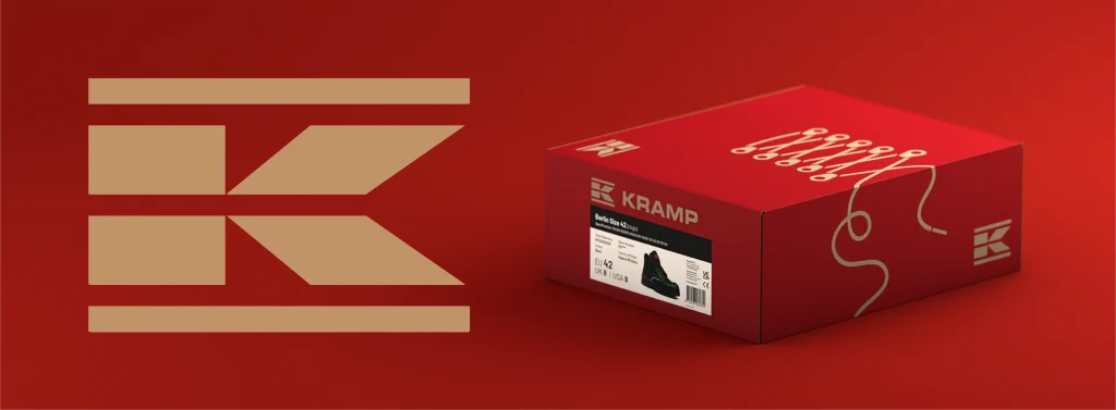 Kramp logo next to a red Kramp boot box, on a red background.
