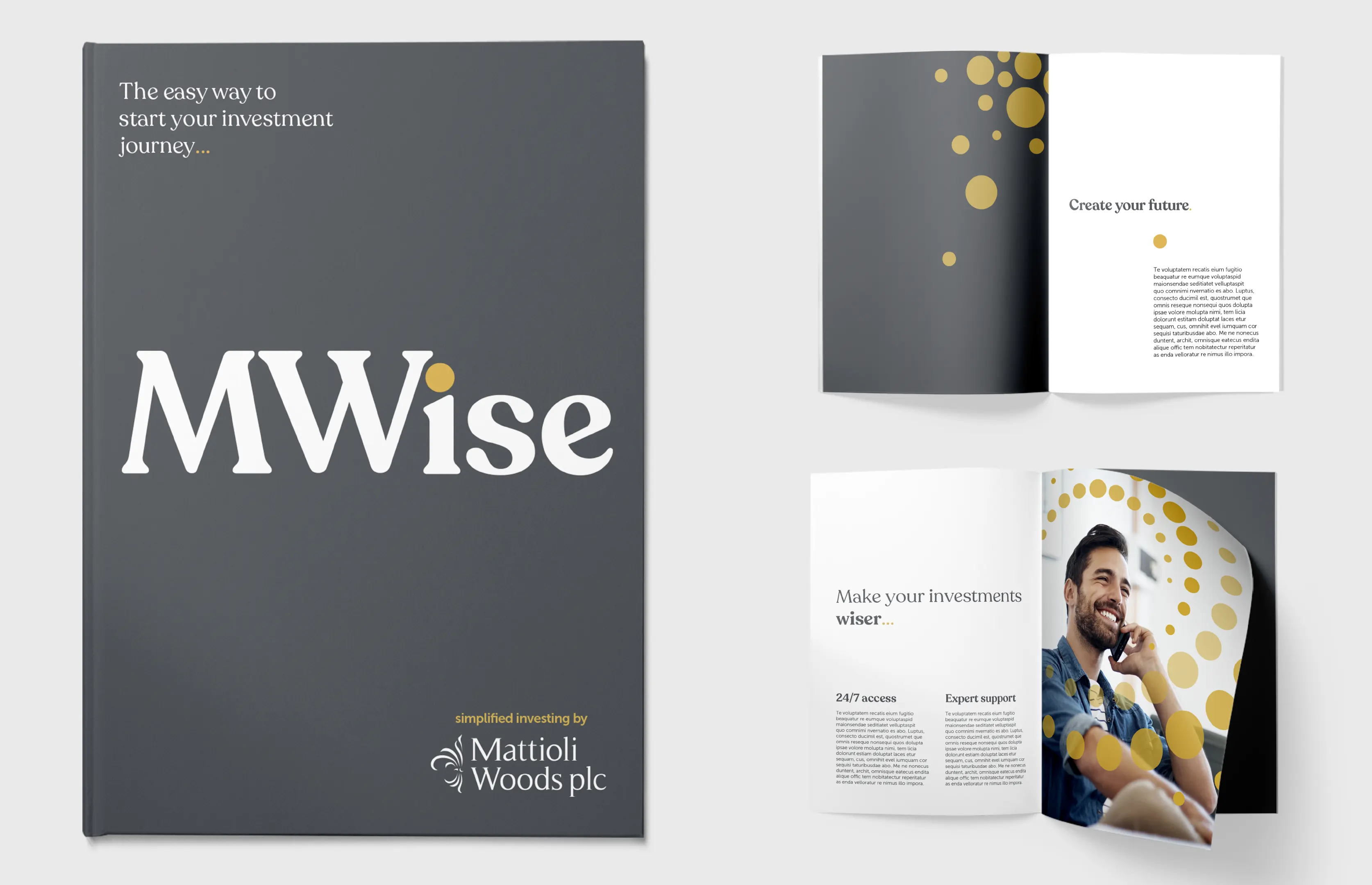 Designed Mattioli Woods MWise brochure explaining investment services "The easy way to start your investment journey".