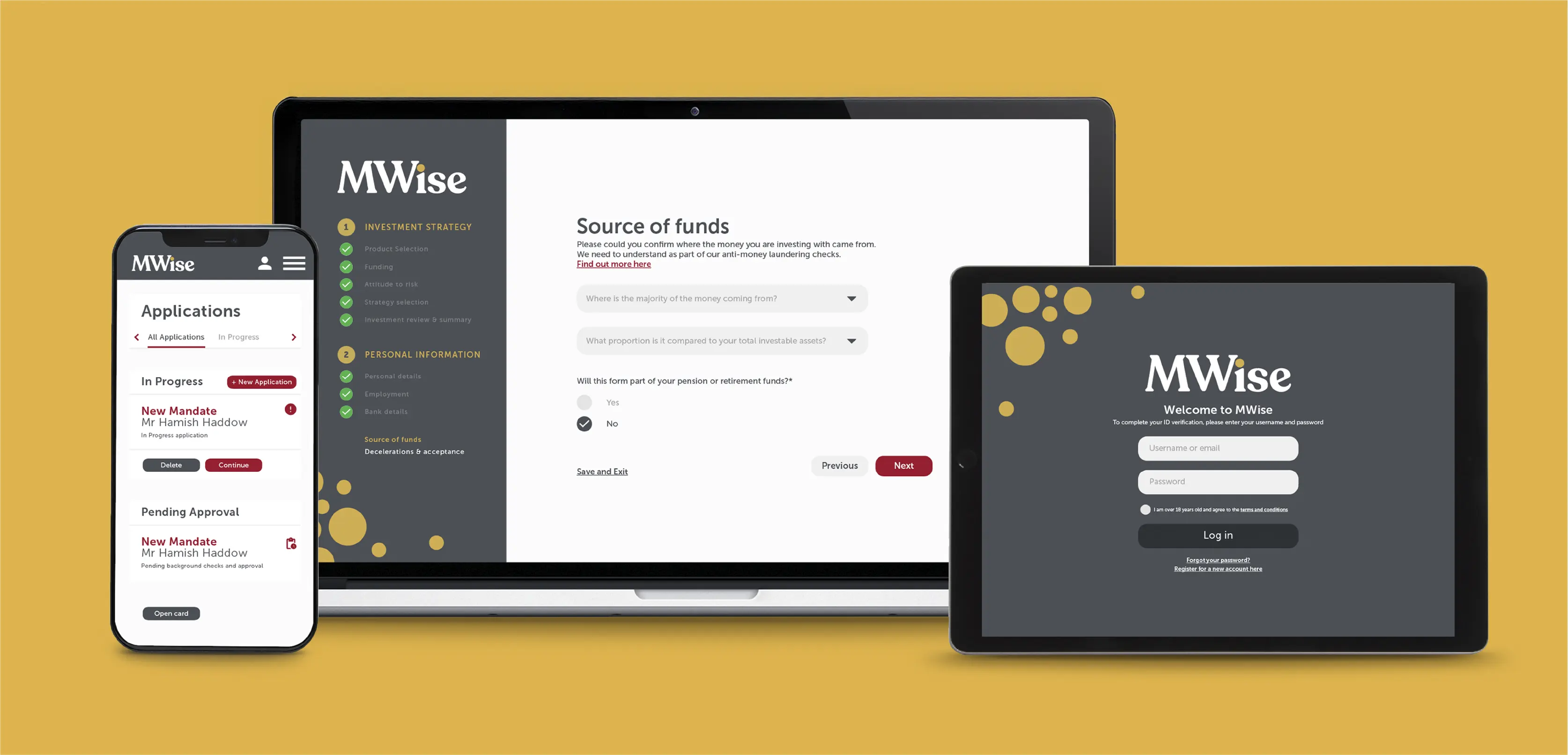 MWise app and website pages shown across multiple devices laptop smartphone and tablet