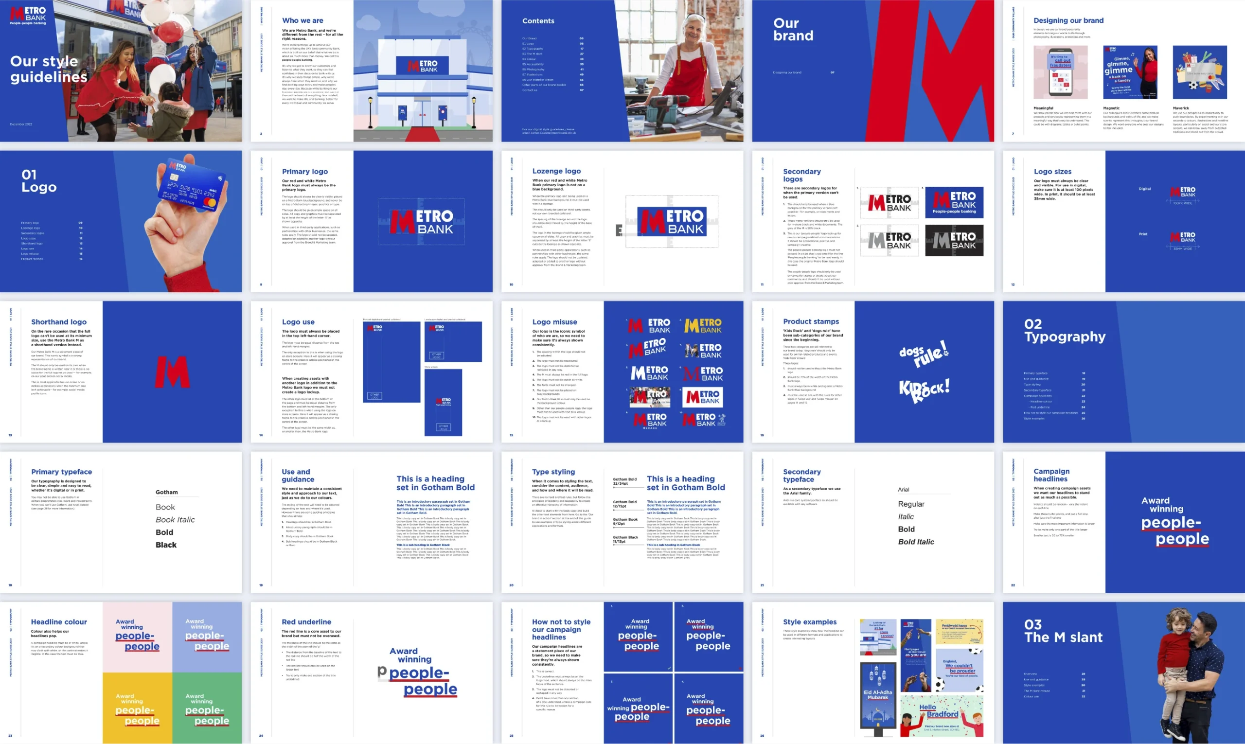Metro Bank full branding style guide designed including logo variations, colour palette, fonts and typography, along with visual examples of how the designs and brand works.
