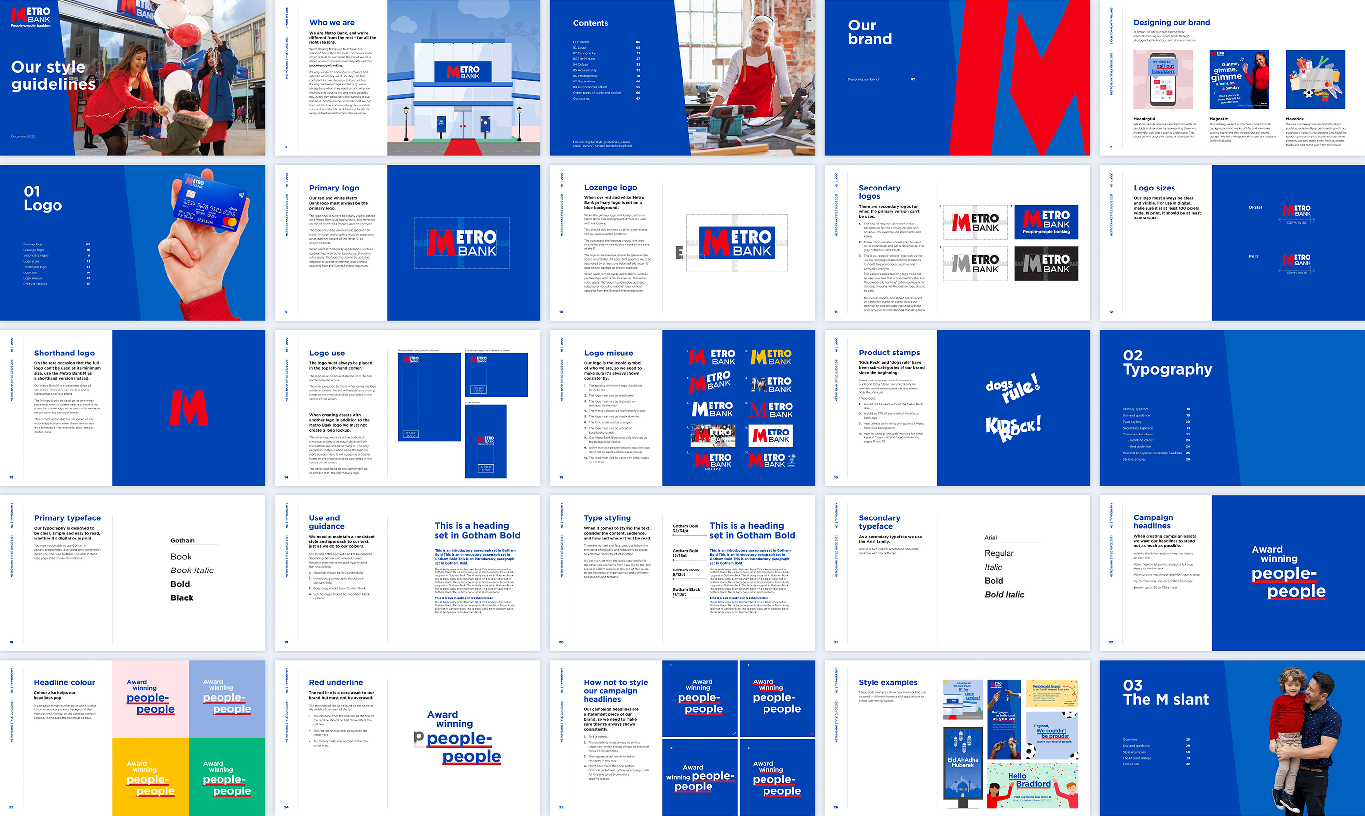 Metro Bank full branding style guide designed including logo variations, colour palette, fonts and typography, along with visual examples of how the designs and brand works.