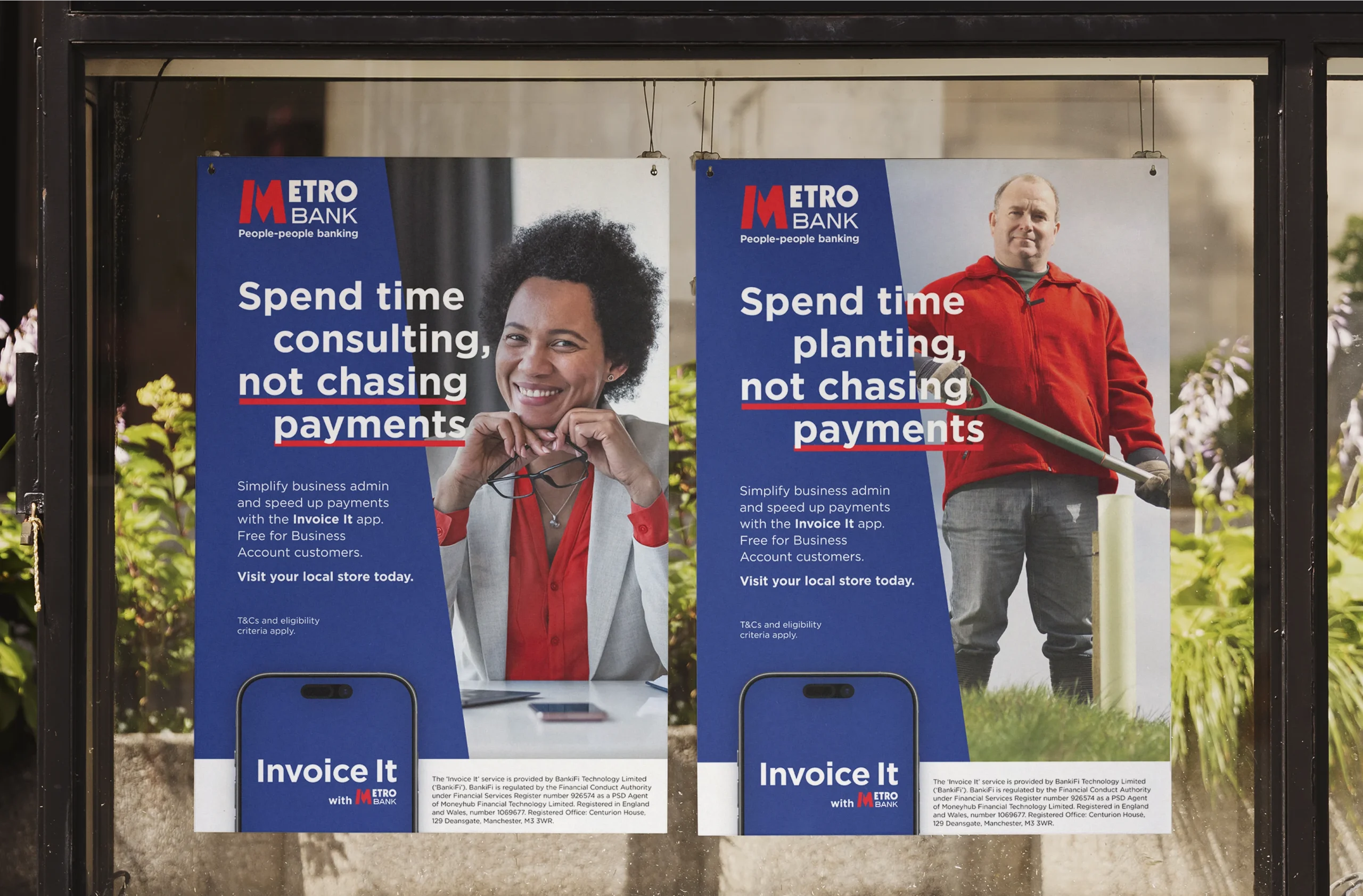 Large printed poster display showing Metro Bank Invoice it consulting and planting posters.
