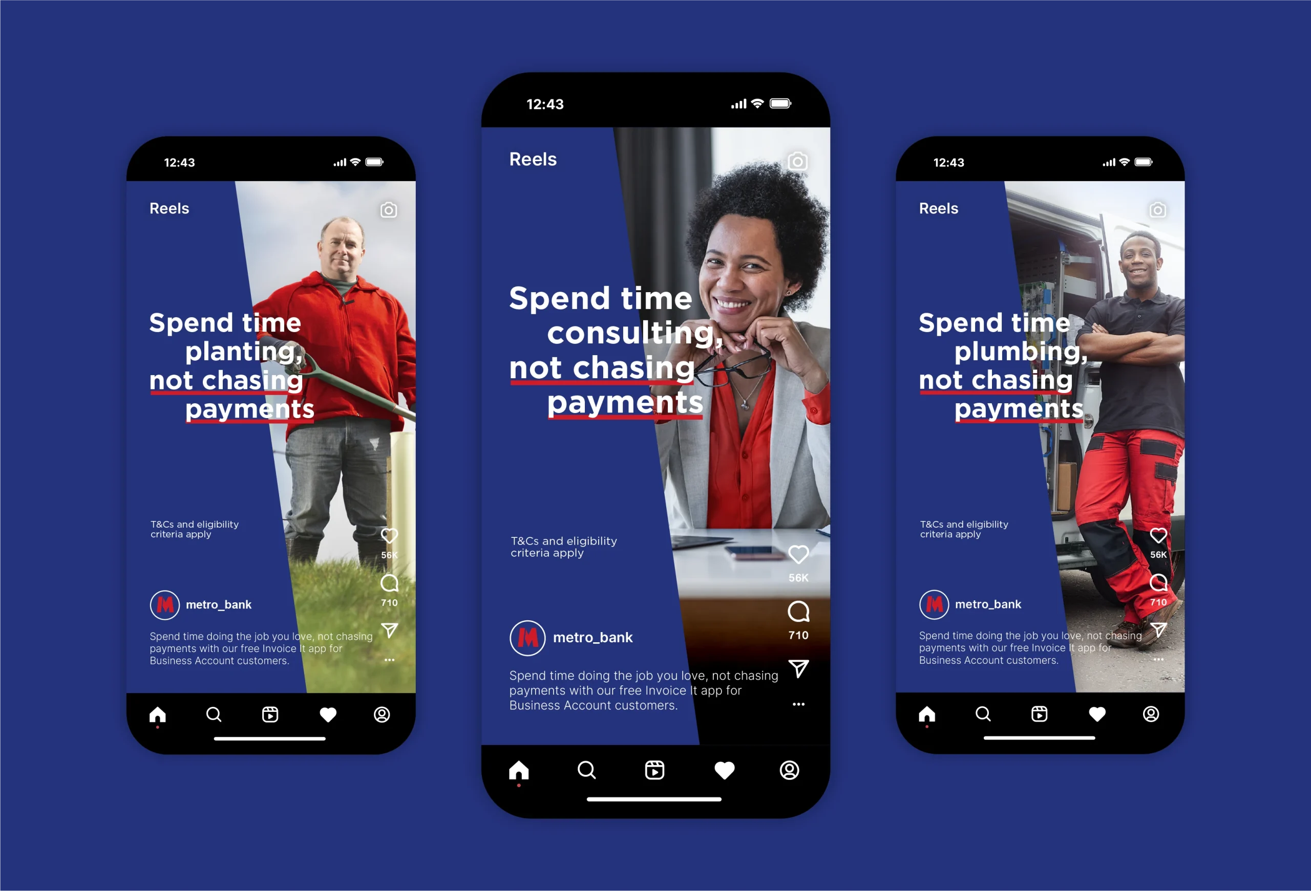 Three separate digital Metro Bank social media stories.