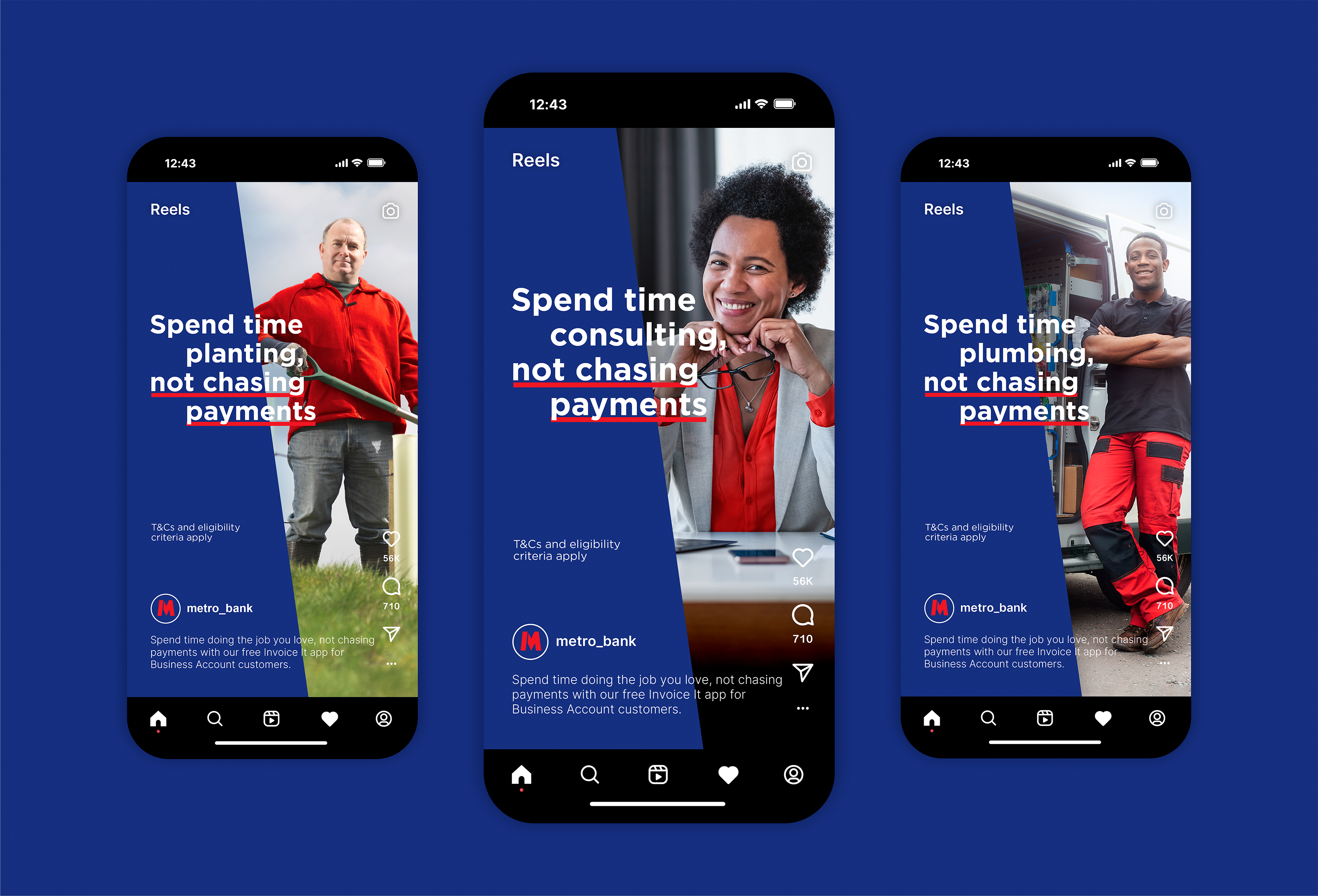 Three separate digital Metro Bank social media stories.