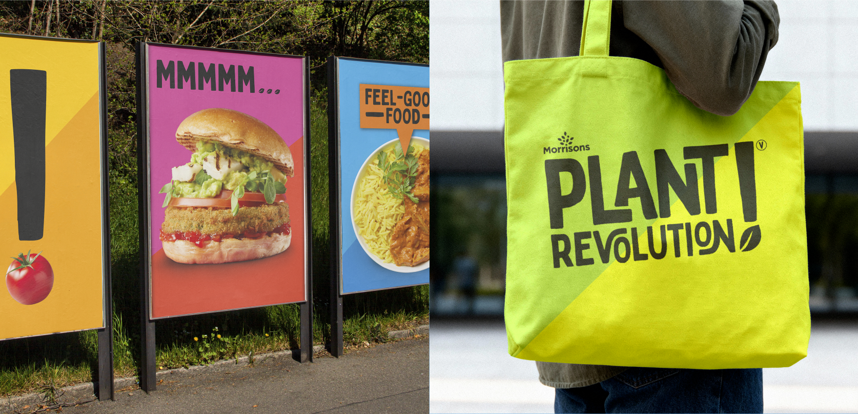 Large Plant Revolution printed posters including photography and typography. Green and yellow tote bag with Hand printed lino Plant Revolution logo.