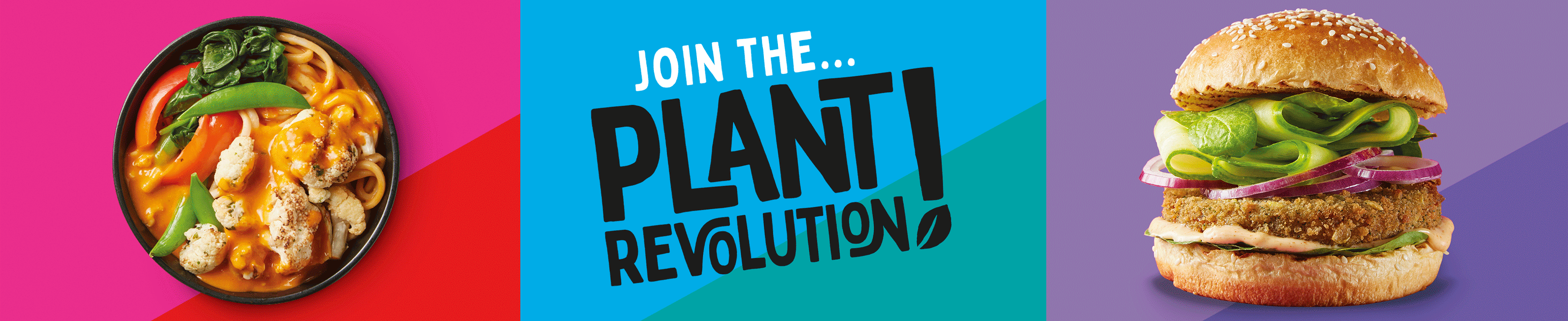 Various images of plant revolution products shot in our in house photography studio, on vibrant  backgrounds.