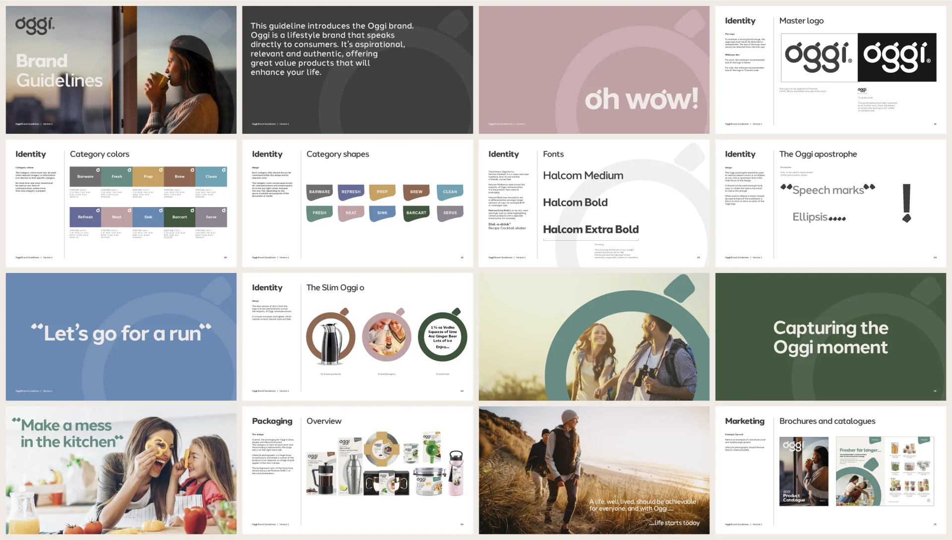 Full Oggi brand guidelines designed including logo variations, colour palette, fonts and typography, along with visual examples of how the designs and brand works.