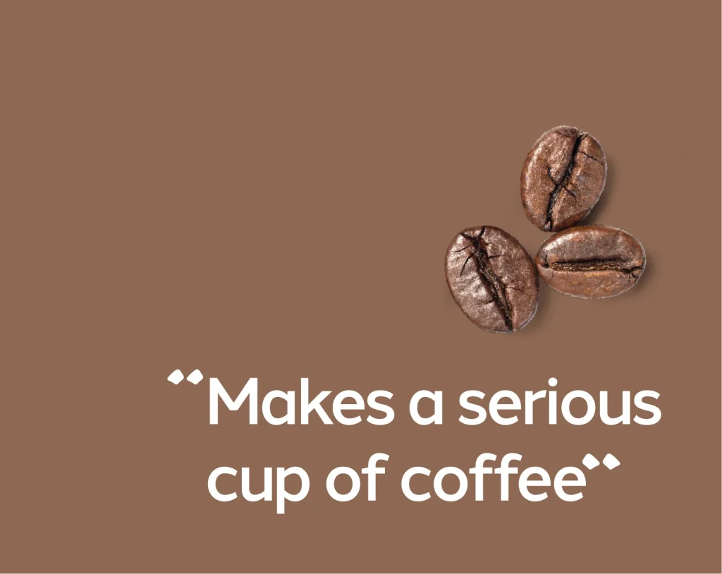 Digital graphic with coffee bean photography and 'Makes a serious cup of coffee' text, showing the Oggi flourishes used as apostrophes.