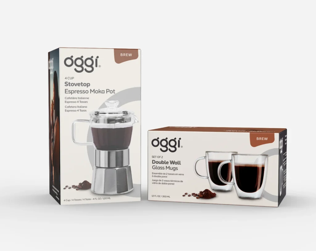 Oggi 'Stovetop Espresso Moka Pot' and 'Double Wall Glass Mugs' packaging photography.