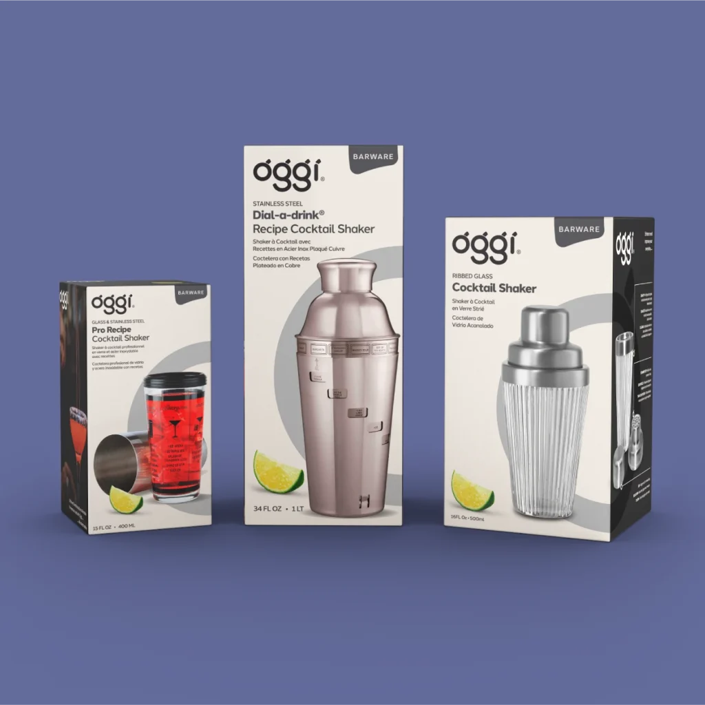 A Selection of digitally rendered Oggi branded cocktail shakers, on a blue background.