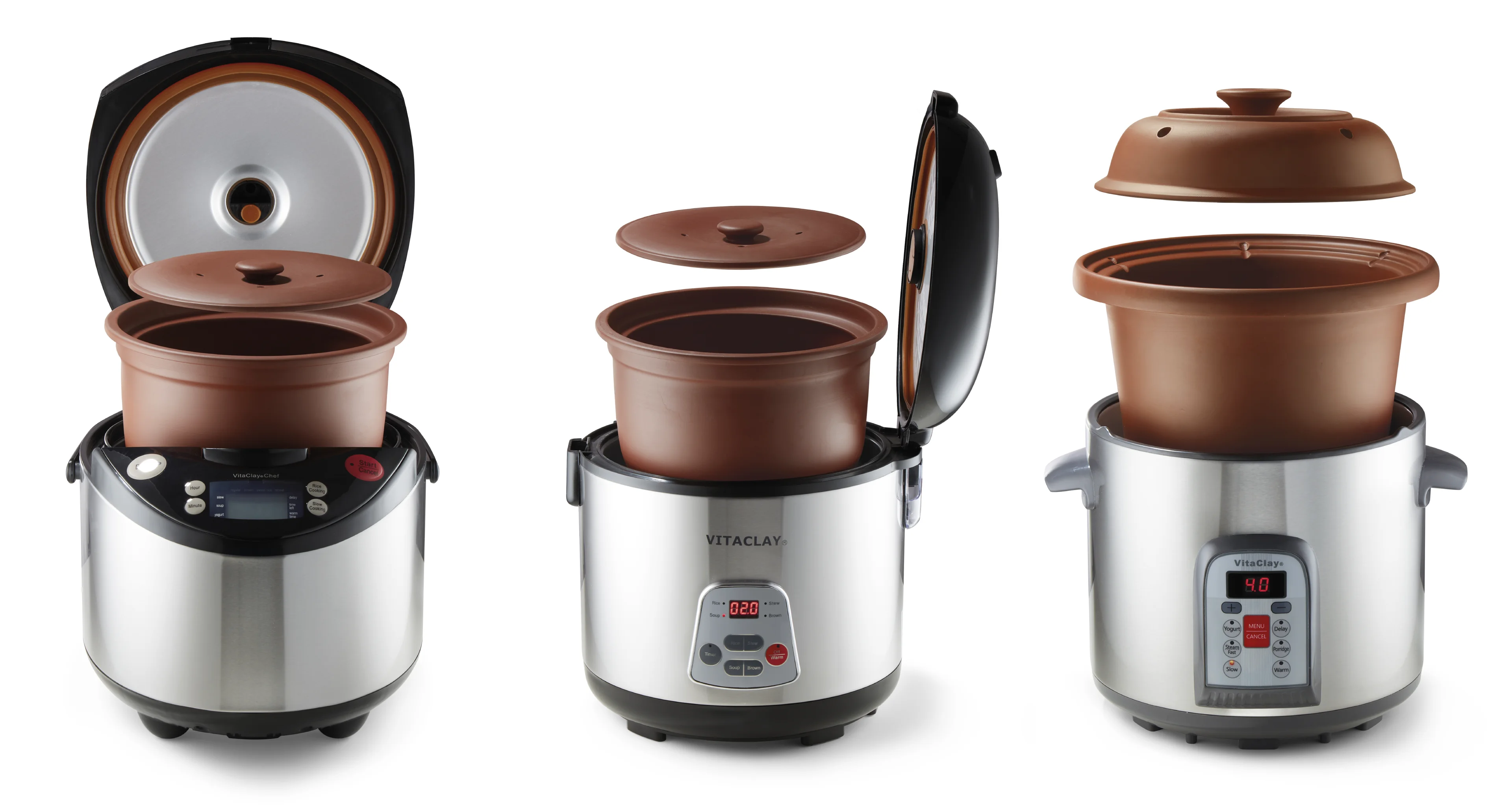 Three Vita Clay products photographed in our in-house studio. Exploded view to show the unique terracotta clay inner and lids helping to provide a healthier meal. 