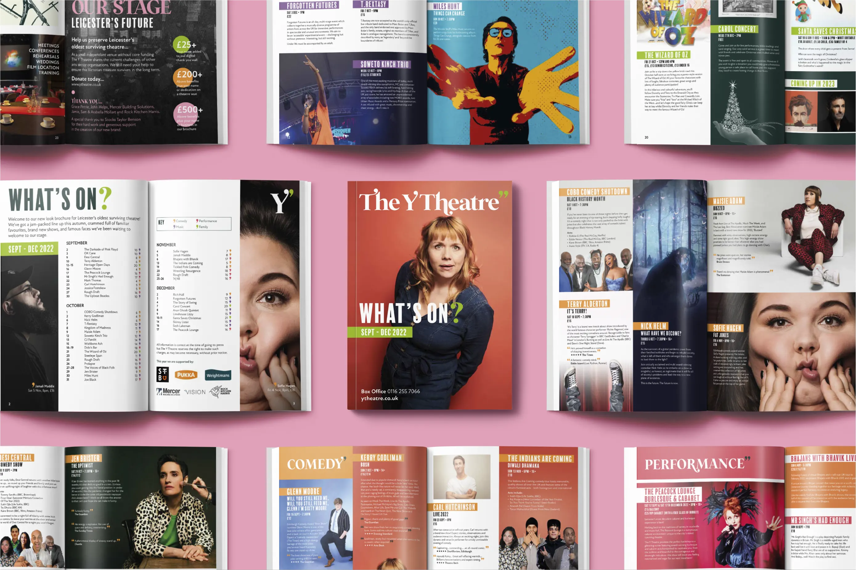 The Y Theatre magazine and programme front cover and double page spread design.