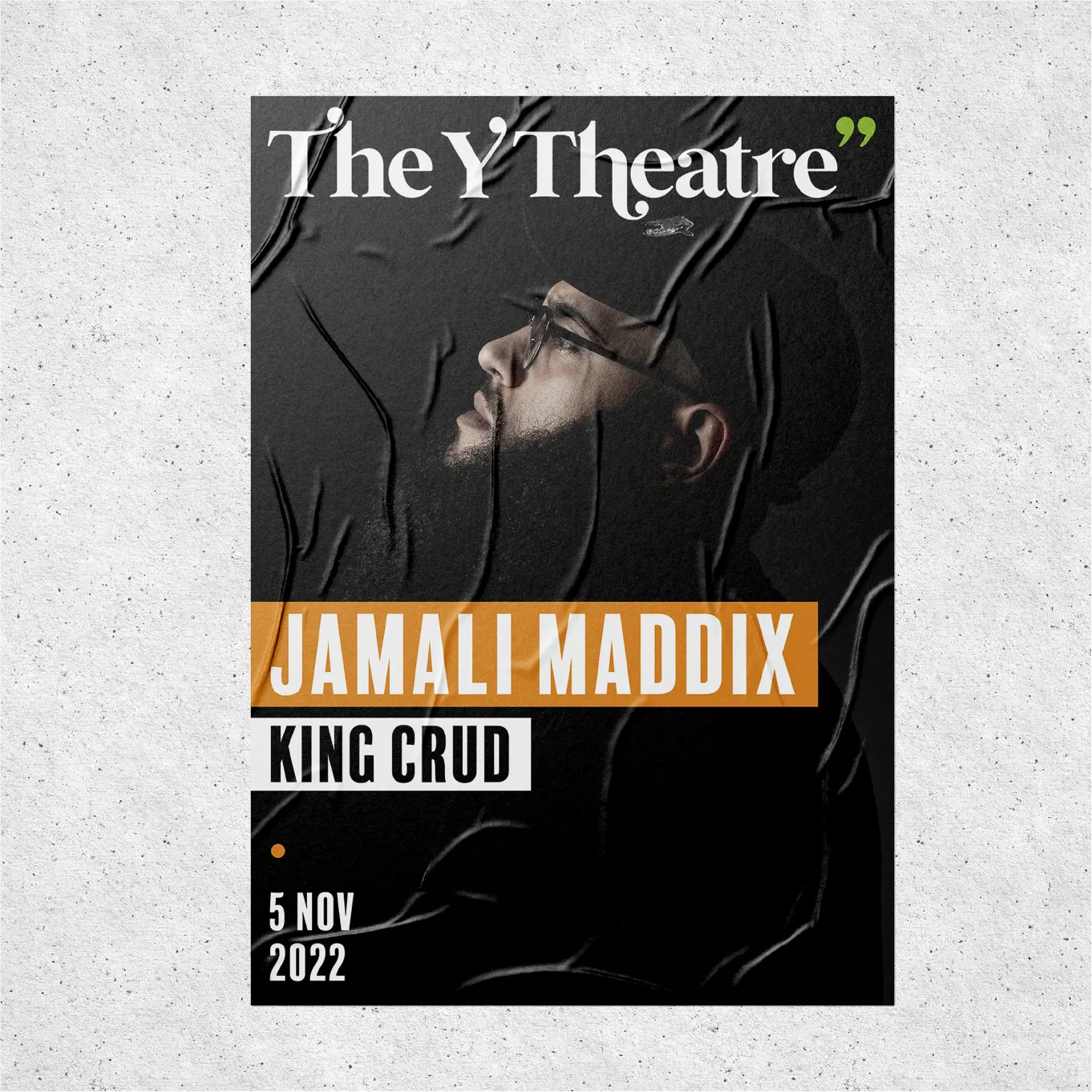Poster design for The Y Theatre act "Jamali Maddix" night 5 November 2022.