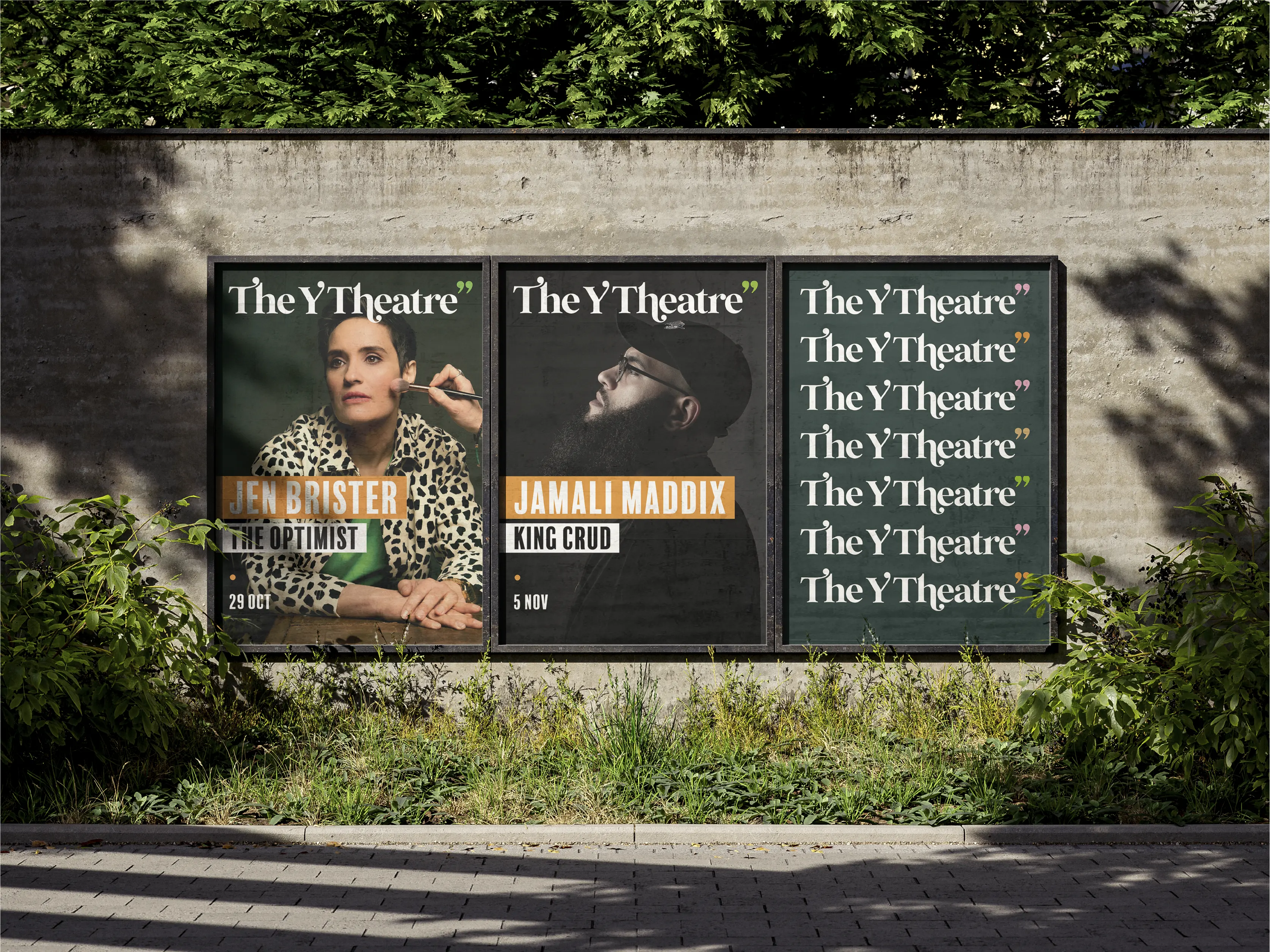 Three billboard displays showing various Y Theatre poster designs. 