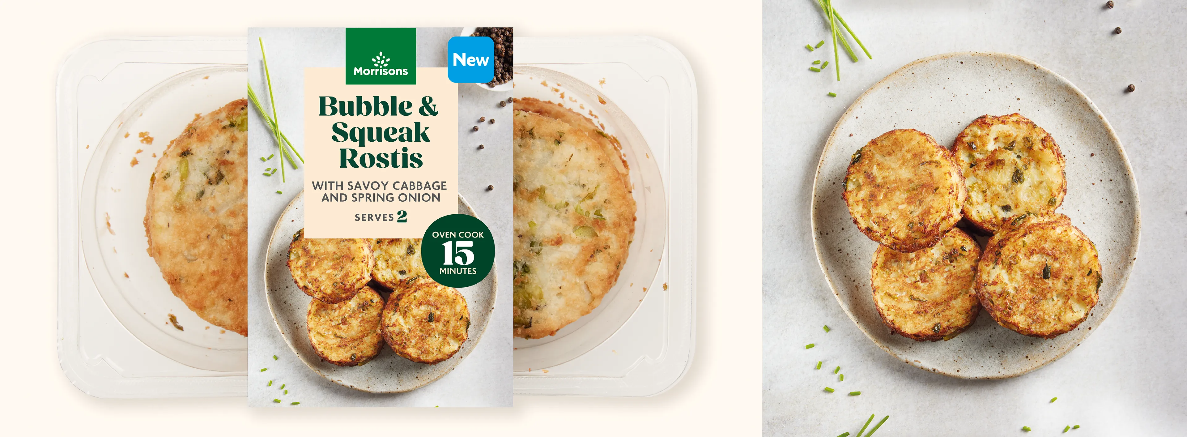Front-of-pack shot of bubble & squeak, alongside styled bubble and squeak rostis photography.