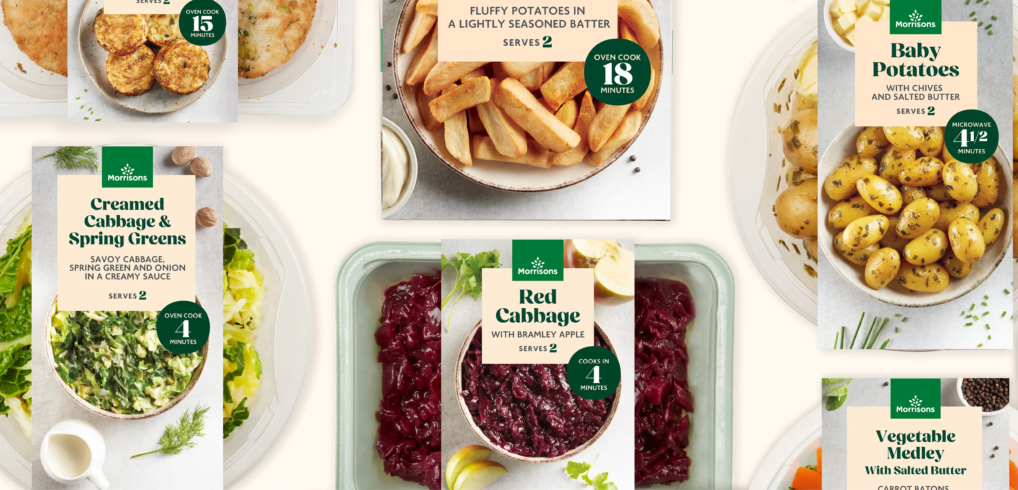 Front-of-pack shots showcasing a variety of different Morrisons Ready Meal Sides.