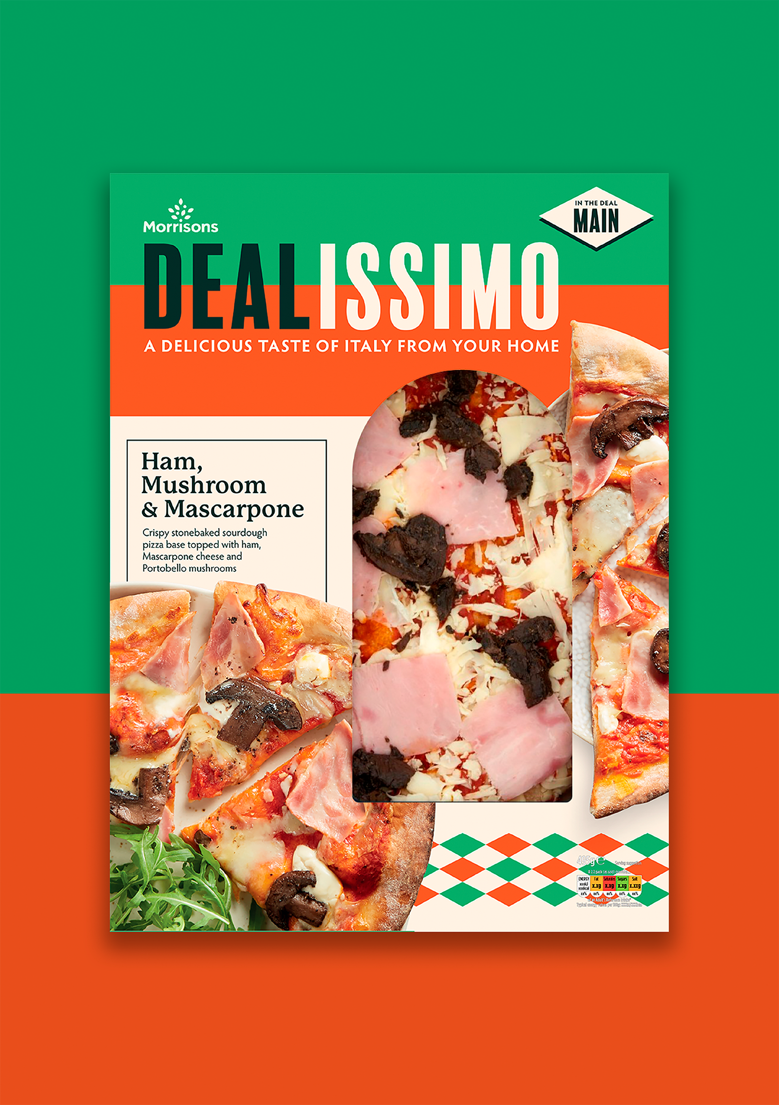 Front-of-pack shot of Dealissimo Ham, Mushroom & Mascarpone pizza, arranged against an orange and green background.