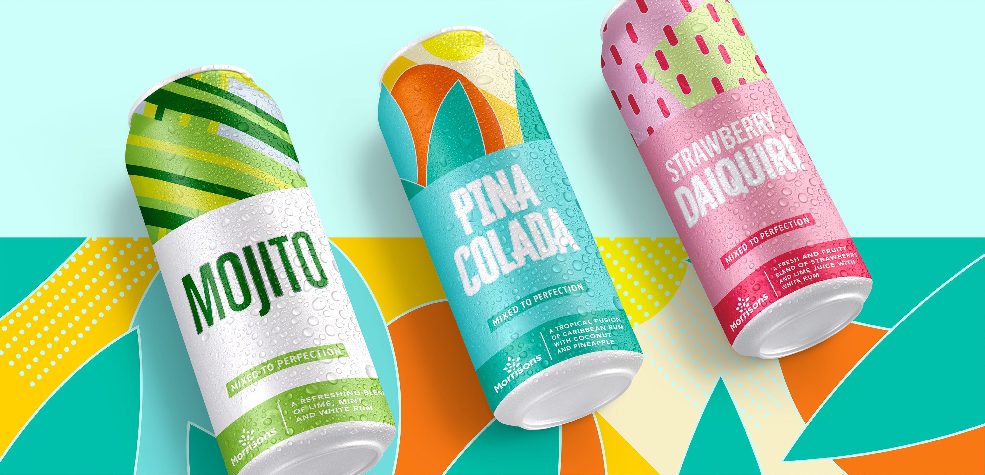 Three different Morrisons canned cocktail flavours, shot against a vibrant, mosaic-esque pattern.