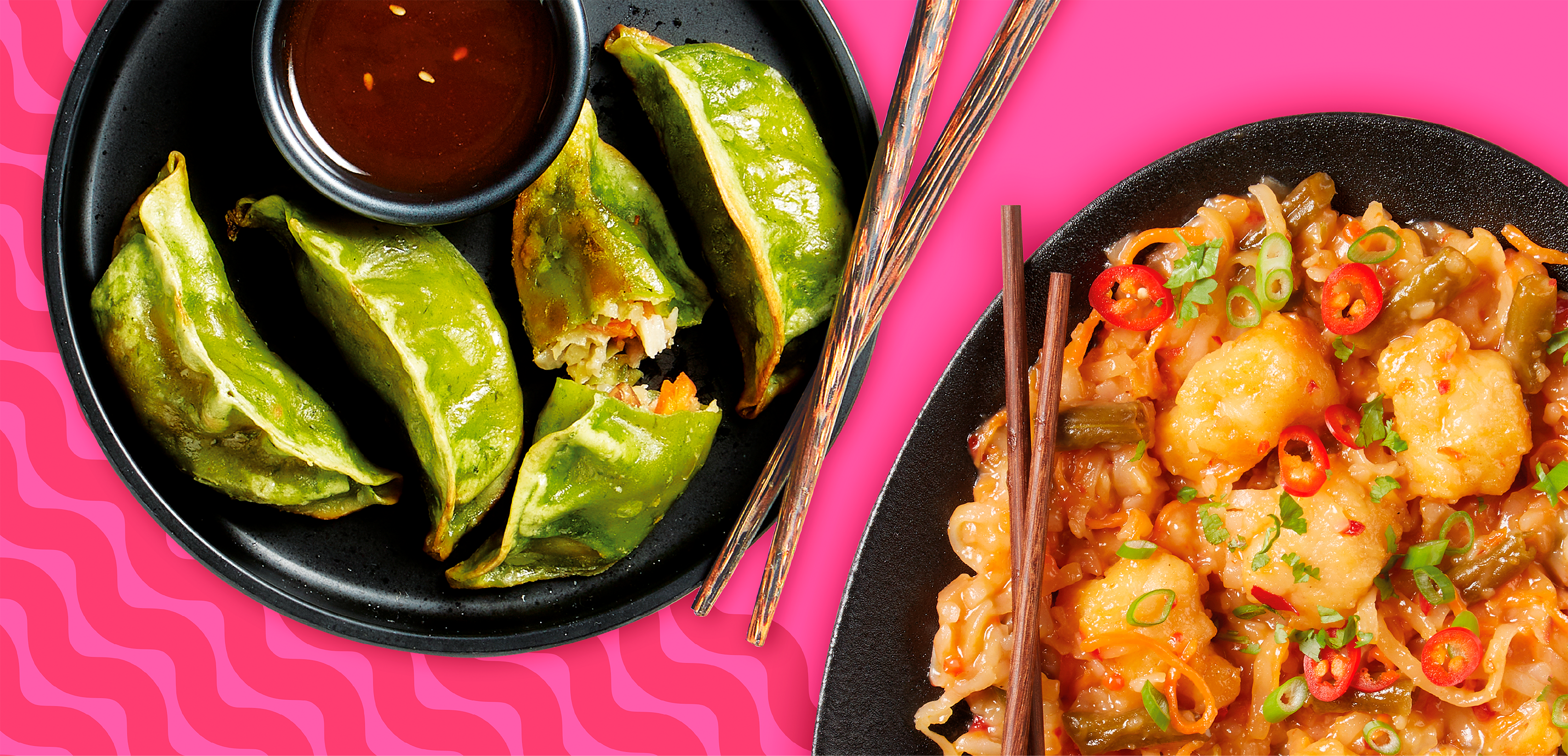 Styled food photography of Green Gyozas and sweet and sour chicken with noodles. Shot on rustic black plates against a pink background with wavy lines in the bottom left corner.
Shot in-house by Stocks Taylor Benson.
