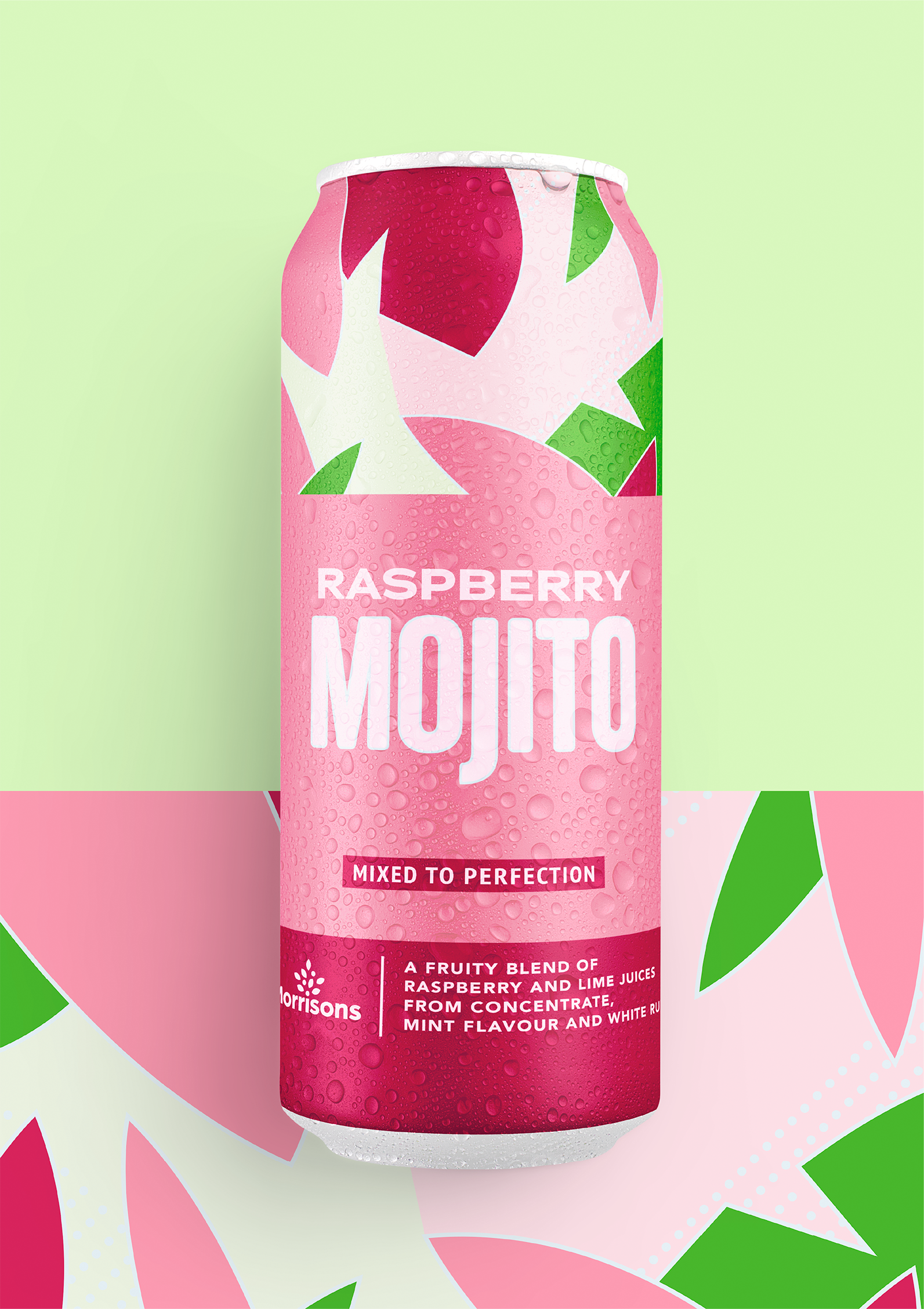 Front-of-can shot of a Morrisons Raspberry Mojito cocktail. Shot against a pink and green leaf, mosaic-esque pattern.