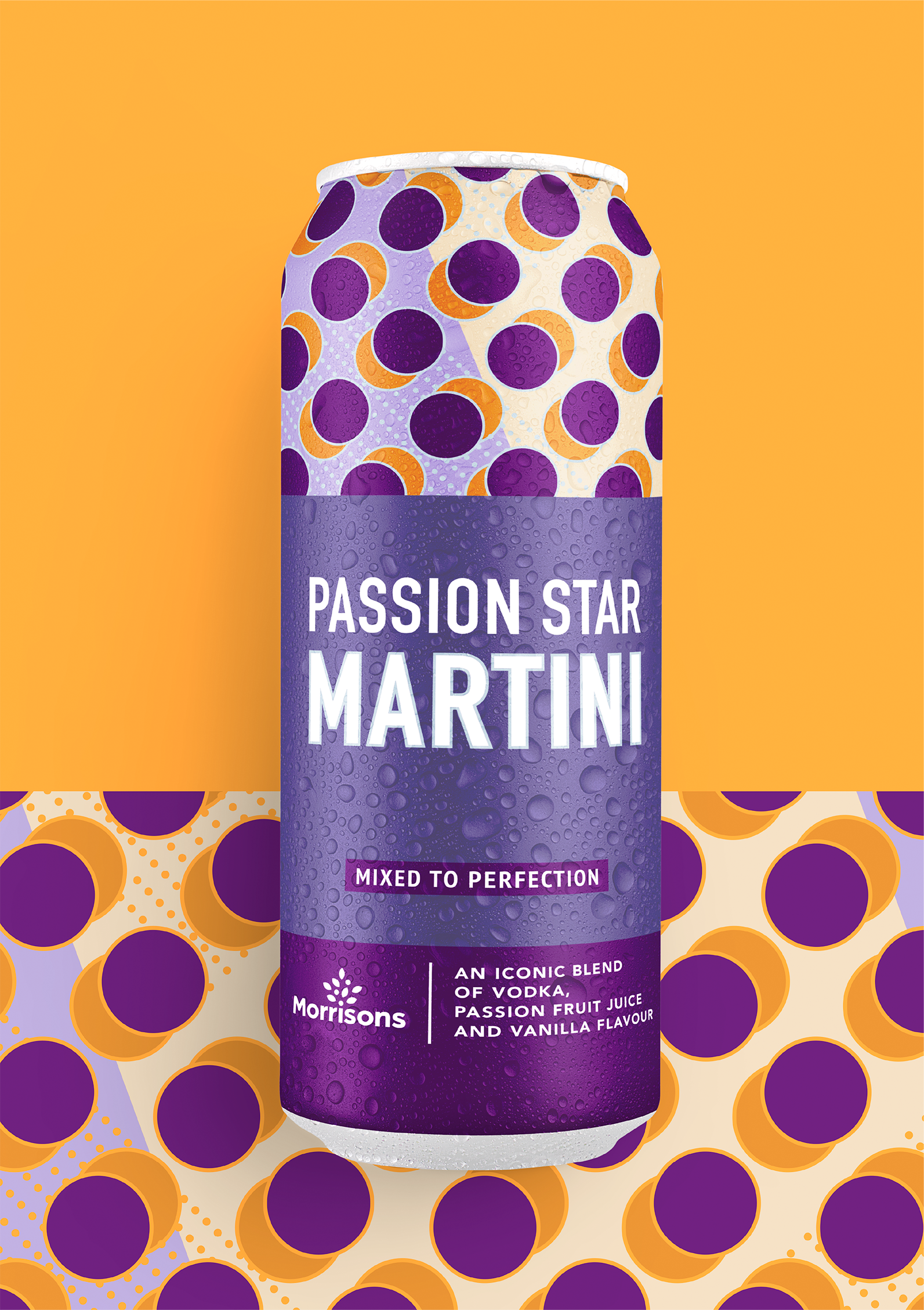 Front-of-can shot of a Morrisons Passion Star Martini cocktail. Shot against a yellow and purple circle, mosaic-esque pattern.