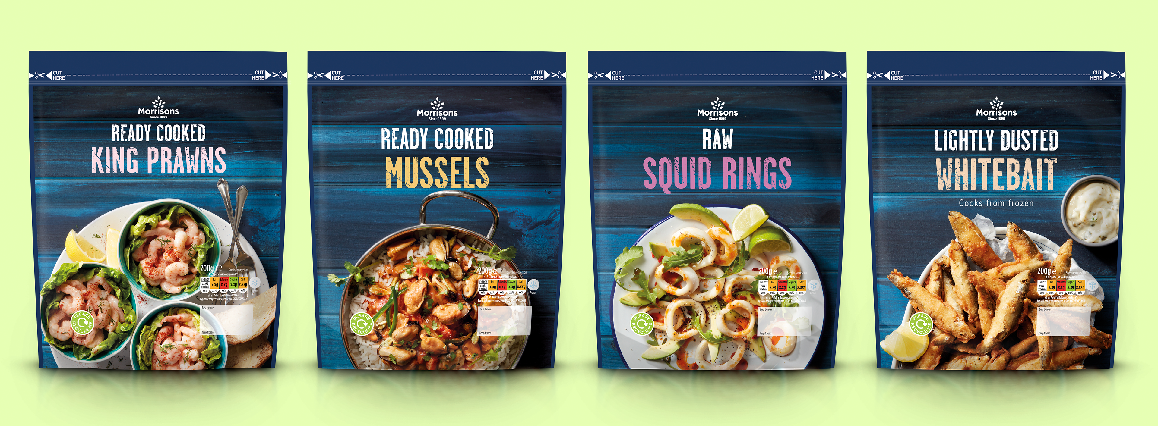 Front-of-pack shots of four seafood pouches: Ready Cooked King Prawns, Ready Cooked Mussels, Raw Squid Rings, and Lightly Dusted Whitebait, photographed on a sand-green background.